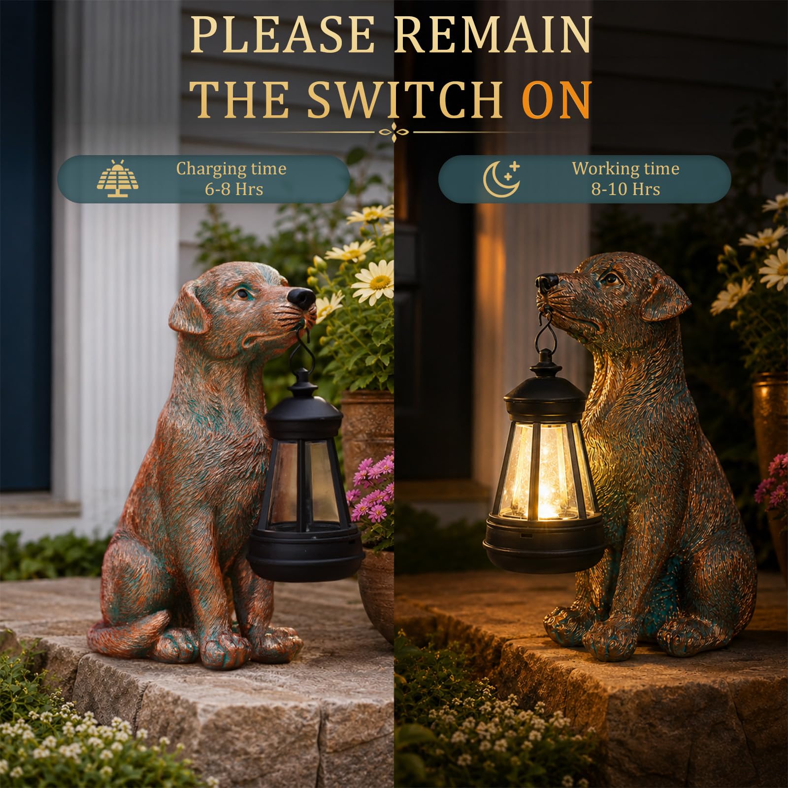 Yeomoo Statuetta a forma di cane con lanterna solare, decorazione da giardino in resina, per esterni, rame