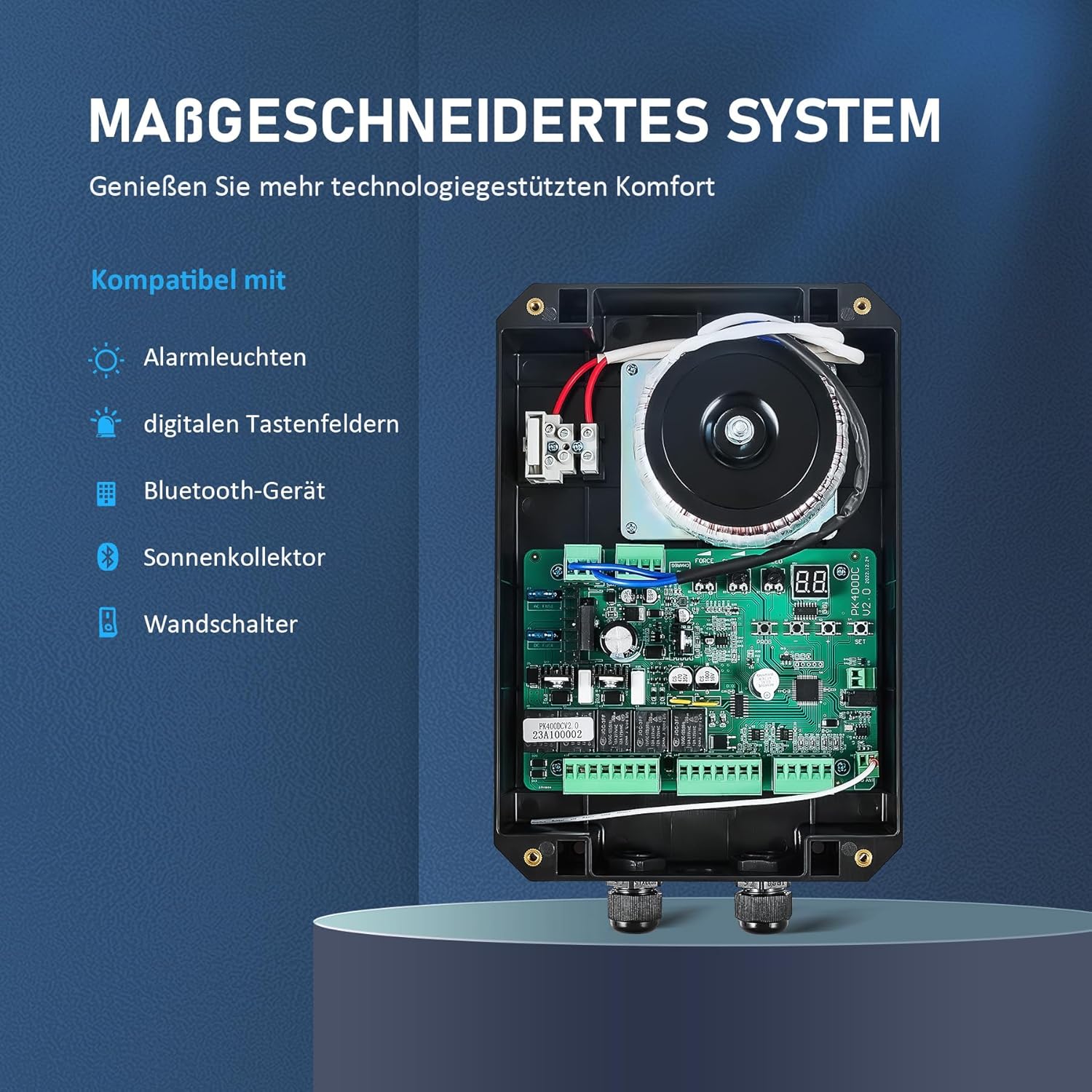 An open control box showing the circuit board and various connection points, indicating compatibility with alarm lights, digital keypads, Bluetooth devices, solar collectors, and wall switches.