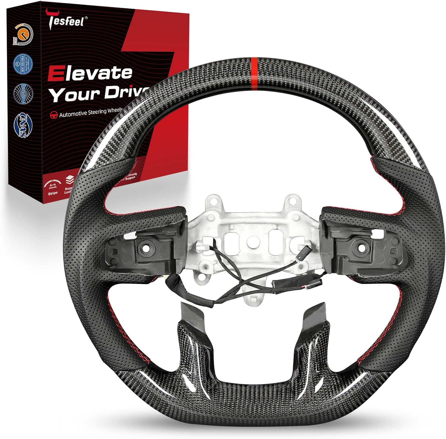 Real Carbon Fiber Steering Wheel Frame for Ram 1500 (2019-2024 New Body Style) - Built-in Heating, Flat Bottom D-Shape, Perforated Nappa Leather (No Paddle Shifters)