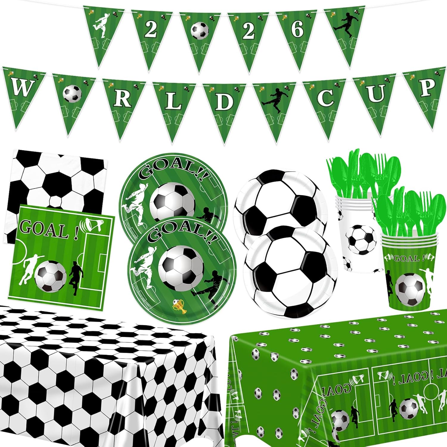FLUEZE 172 Pcs Soccer Party Decorations, World Cup Party Decorations - Includes Tablecloth, Plate, Cup, Napkin, Banner, Knife, Fork, Spoons for Soccer Party Decorations (Soccer Party)