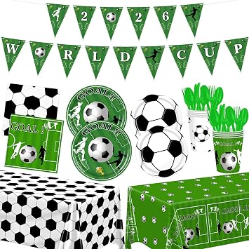 FLUEZE 172 Pcs Soccer Party Decorations, World Cup Party Decorations - Includes Tablecloth, Plate, Cup, Napkin, Banner, Knife, Fork, Spoons for Soccer Party Decorations Soccer Party