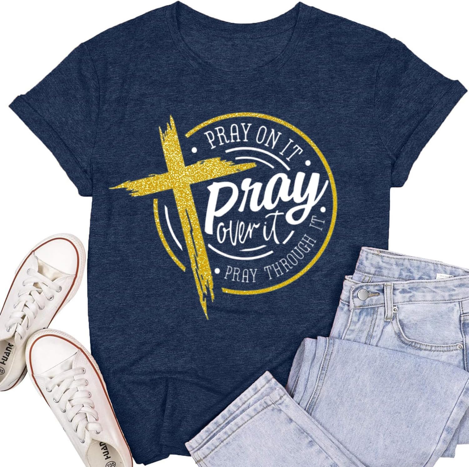 Christian Shirts for Women Pray On It Over It Through It T-Shirts Blessed Christian Faith Tees