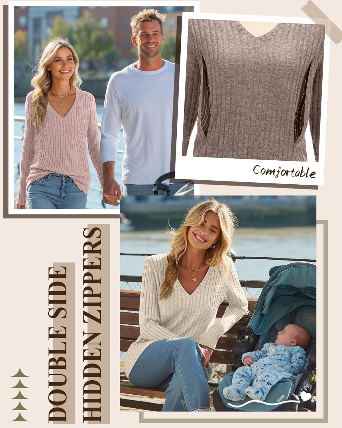 3 Pack Women's Maternity Nursing Tops, V Neck Breastfeeding Sweaters Long Sleeve Hidden Zipper Shirts - Image 2