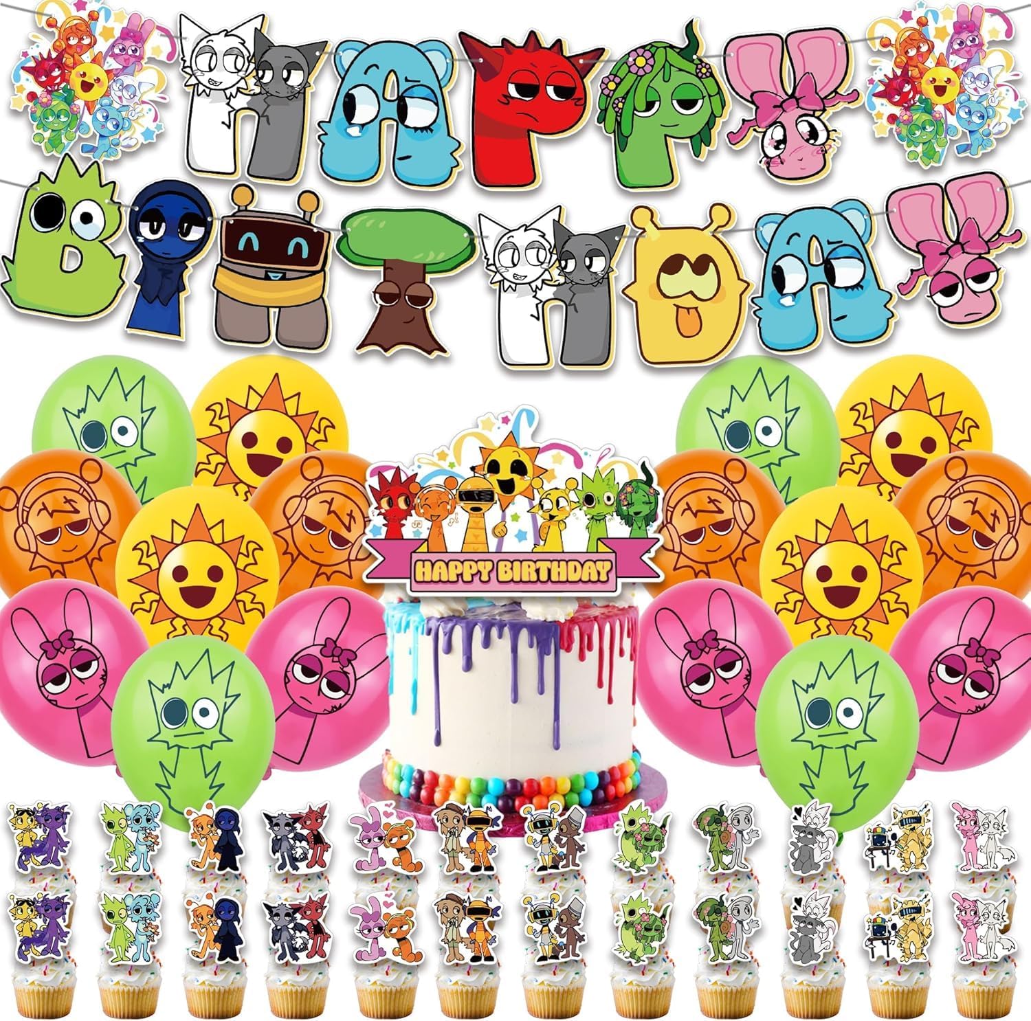 Sprunki-Themed Birthday Party Decorations Set – Wenda Sprunki Birthday Party Supplies for Fans, Include 24 Cake Toppers, 16 Balloons, 1 Birthday Banner, 1 Large Cake Topper