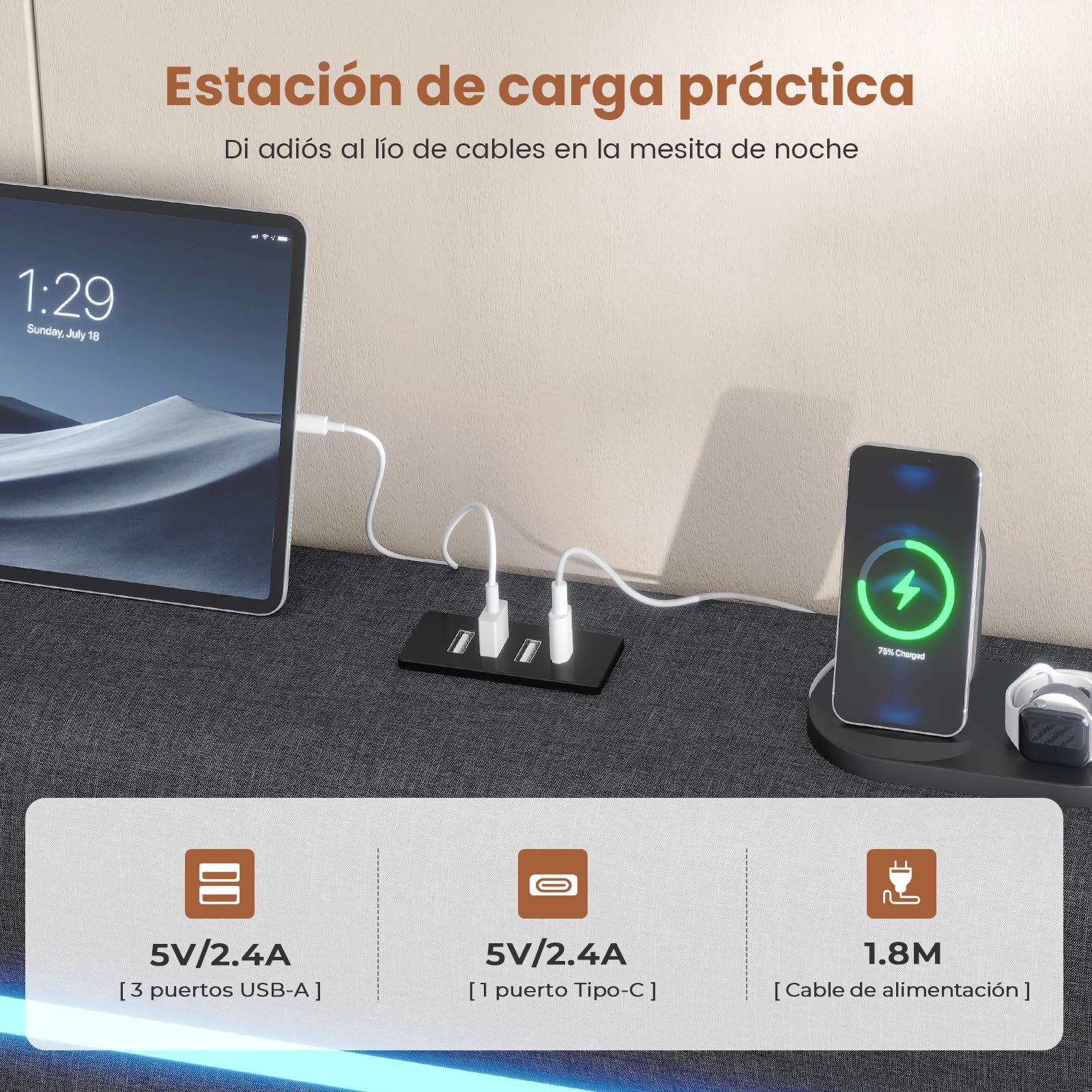 AOGLLATI Cama Matrimonio 140x190 con Almacenamiento Hidráulico, Cama Tapizada con LED y Estación de Carga, Estructura Cama con Cabecero Tapizado, Cama Doble con Canapé de Gran Capacidad, Gris Oscuro