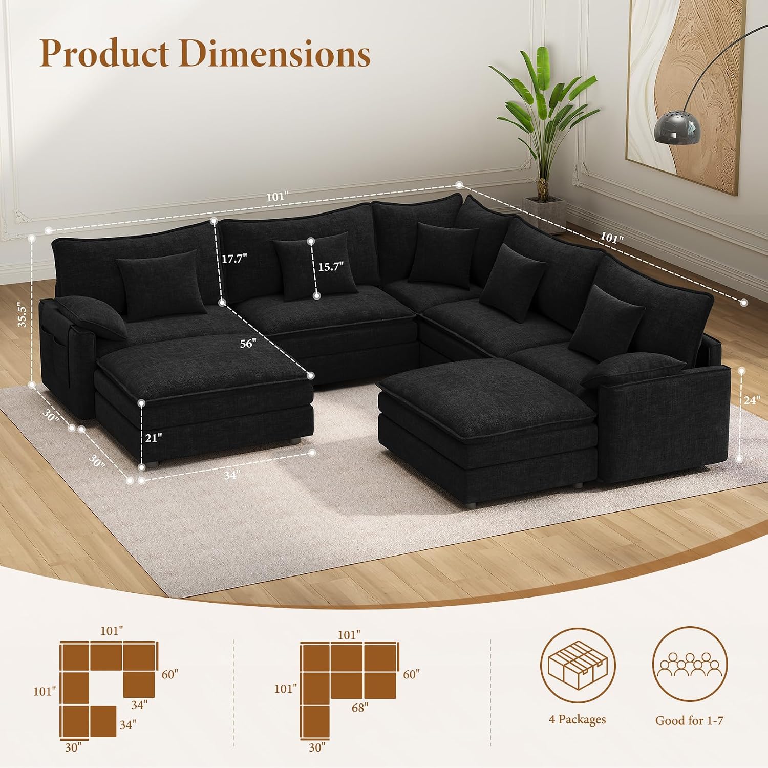 Close-up of the Vesgantti sectional couch cushions, highlighting the supported backrest, CloudSoft seat, filled high-quality foam, and padded armrest.