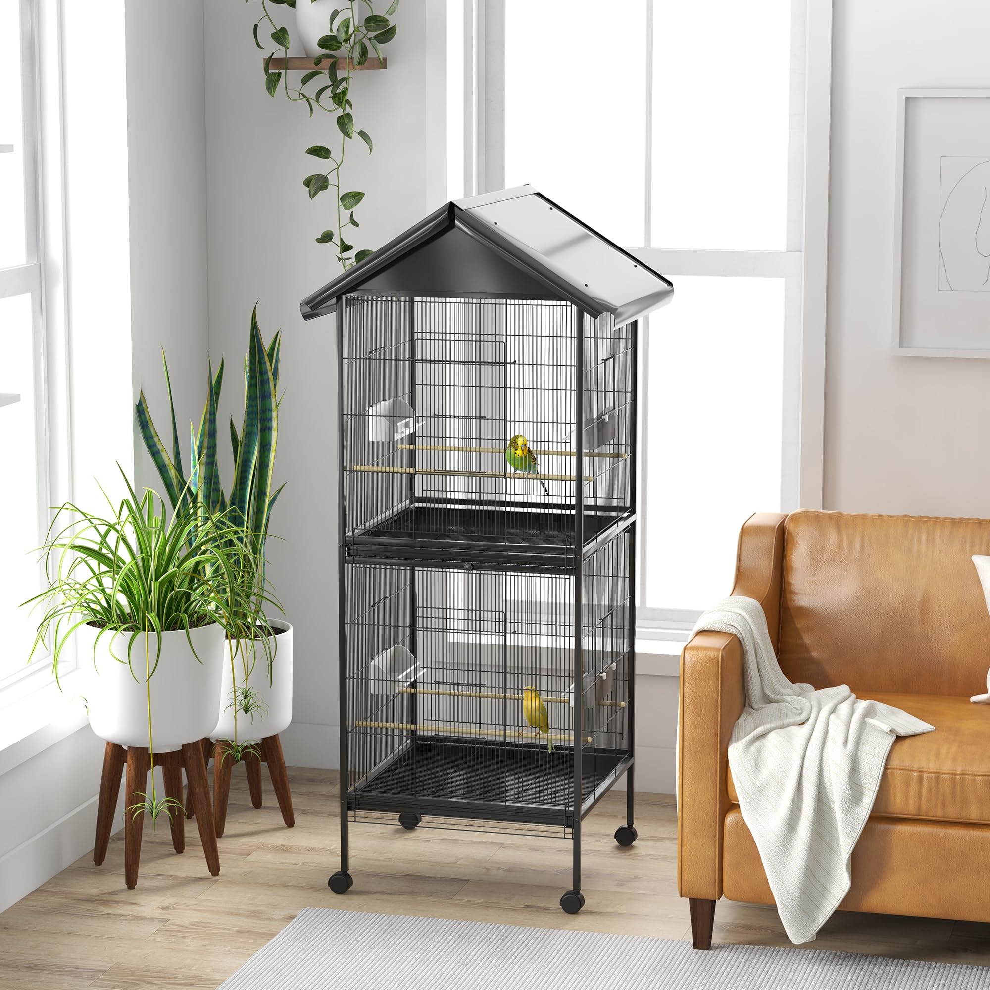 PawHut Jaula para Pájaros Grande de 2 Pisos Convertible en Sola Pajarera con Ruedas 4 Comederos 4 Perchas y Bandejas Extraíbles para Canarios Loros 78x75x168 cm Negro