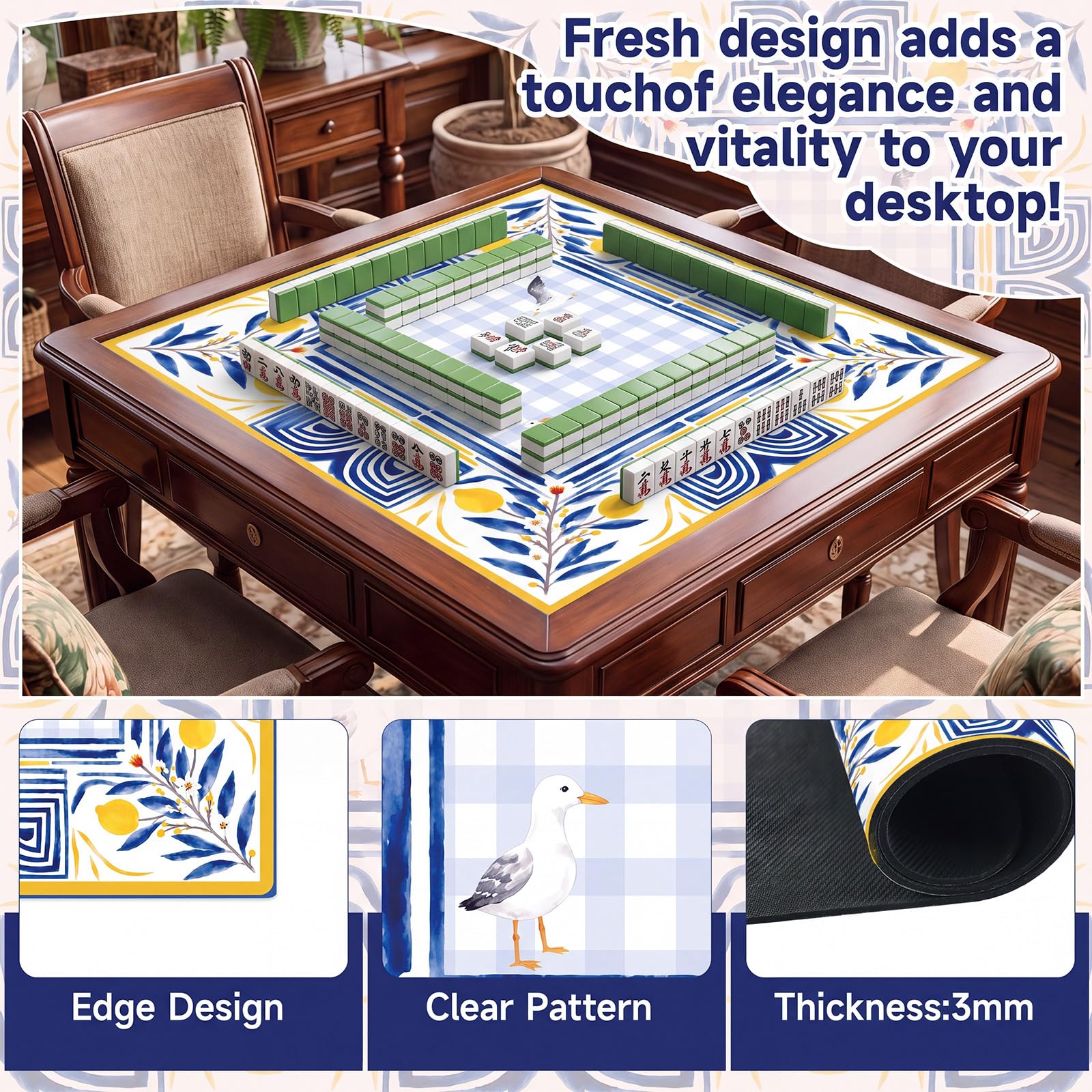 Ensemble de tapis de Mahjong avec sac de transport, Amalfi | 80 cm x 80 cm, antidérapant, réduction du bruit, pour mahjong/poker/jeux de société/jeux de cartes/dominos