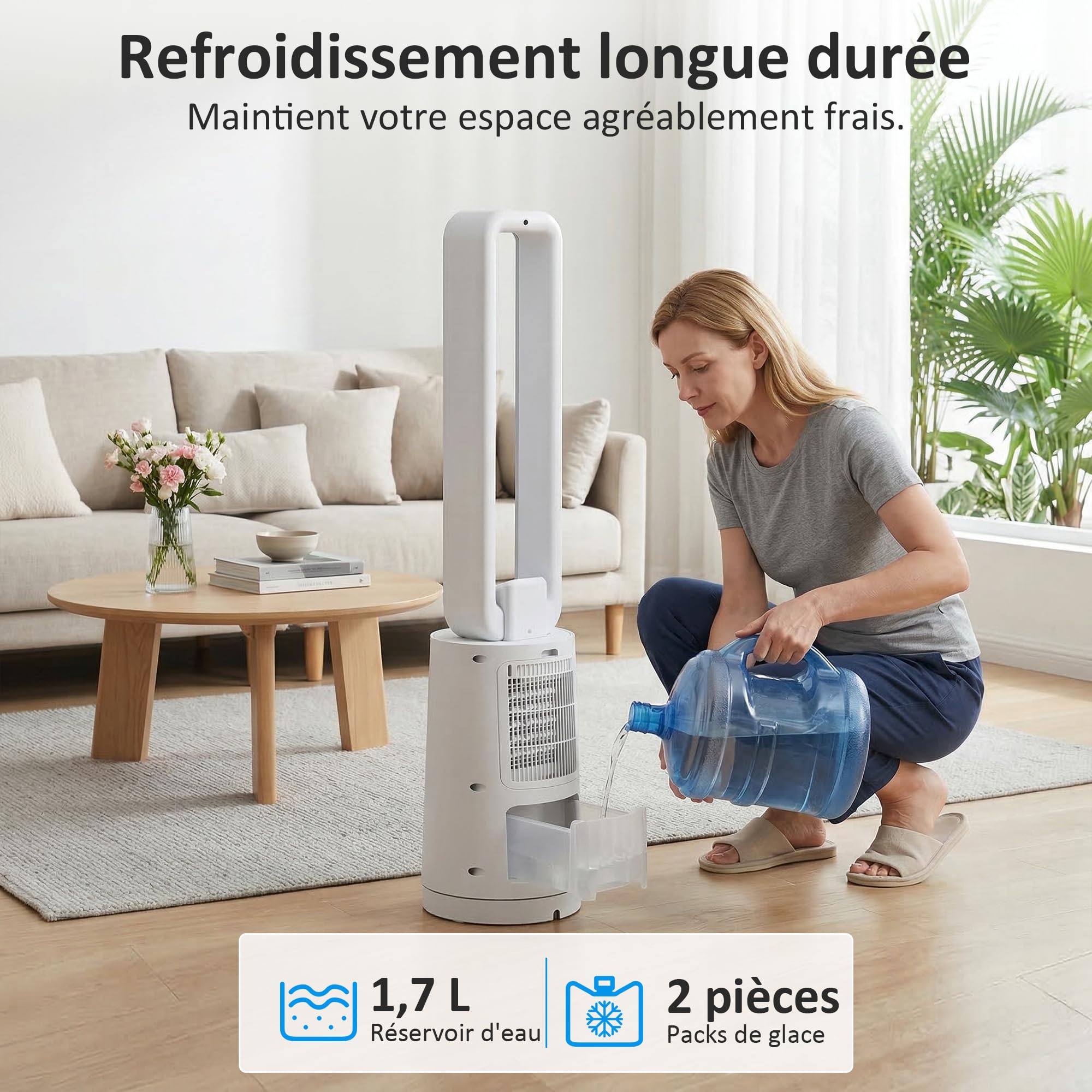 HOMCOM Refroidisseur d'air par évaporation portable 3 en 1 humidificateur et ventilateur, 2 blocs réfrigérants, réservoir d'eau de 1,7 L, minuterie 15 h, oscillation à 70°, télécommande, blanc