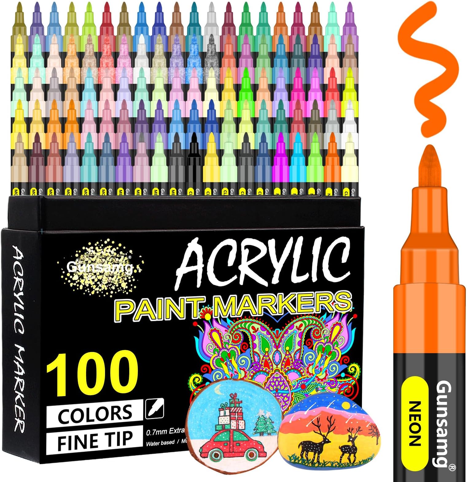 Gunsamg100 Colors Acrylic Paint Pens for Rock Painting, Acrylic Paint Markers for Glass Wood Stone Ceramic Fabric Metal Canvas Card Making