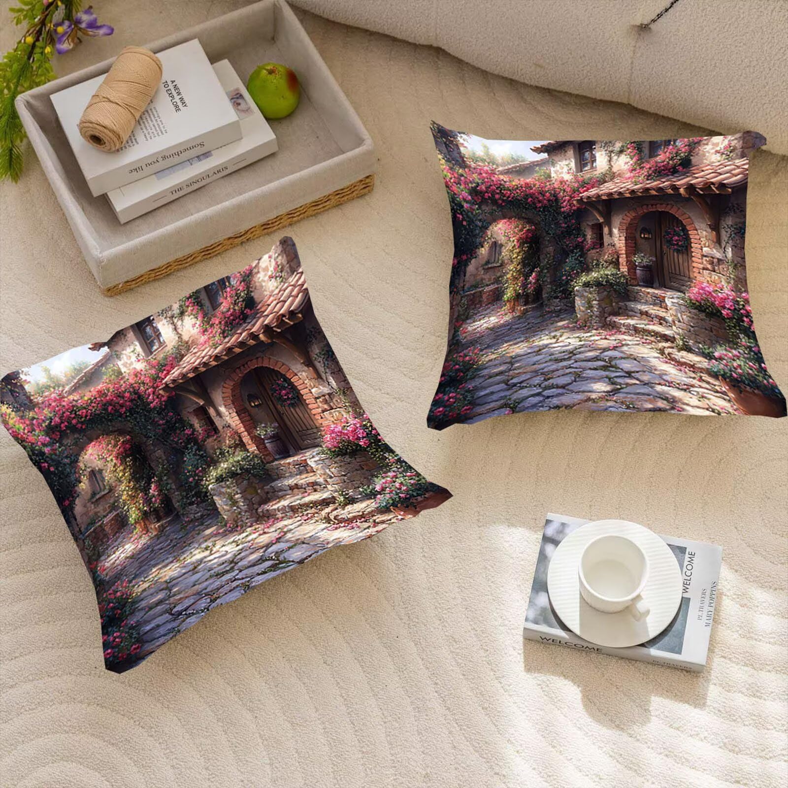 Garten Samt Kissenbezug 60 x 60 cm 2er Set Kissenhülle Sofakissen Samtkissen Dekorative Dekokissen Couchkissen Zierkissen Quadrat Wurfkissenbezug Verstecktem Reißverschluss Wohnzimmer Häuser 0P-363