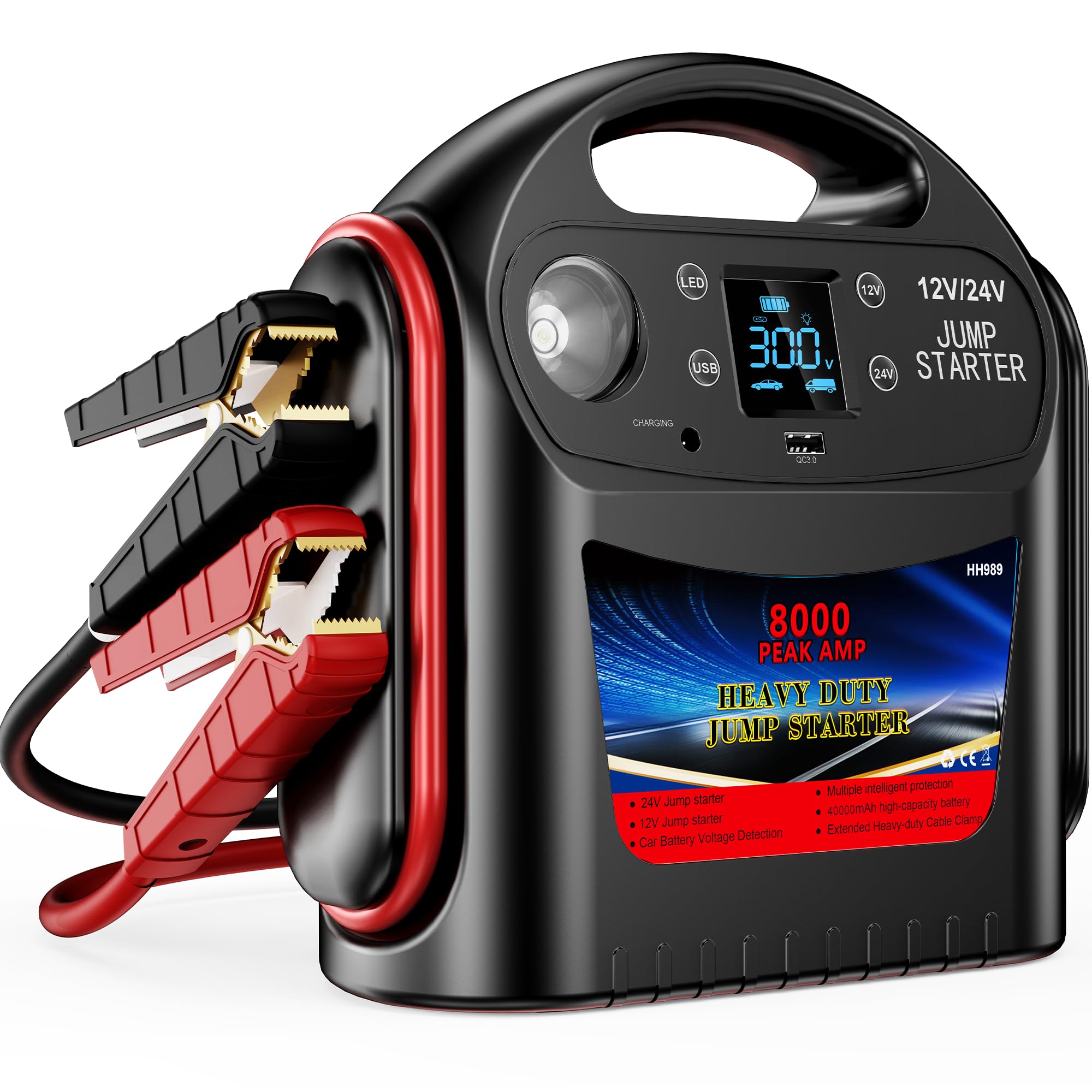 8000A Car Battery Jump Starter for All Gas/Diesel,12V/24V Intelligent Car Jumper Starter Battery Pack, Heavy Duty Portable Jump Box Power Pack with LED Light