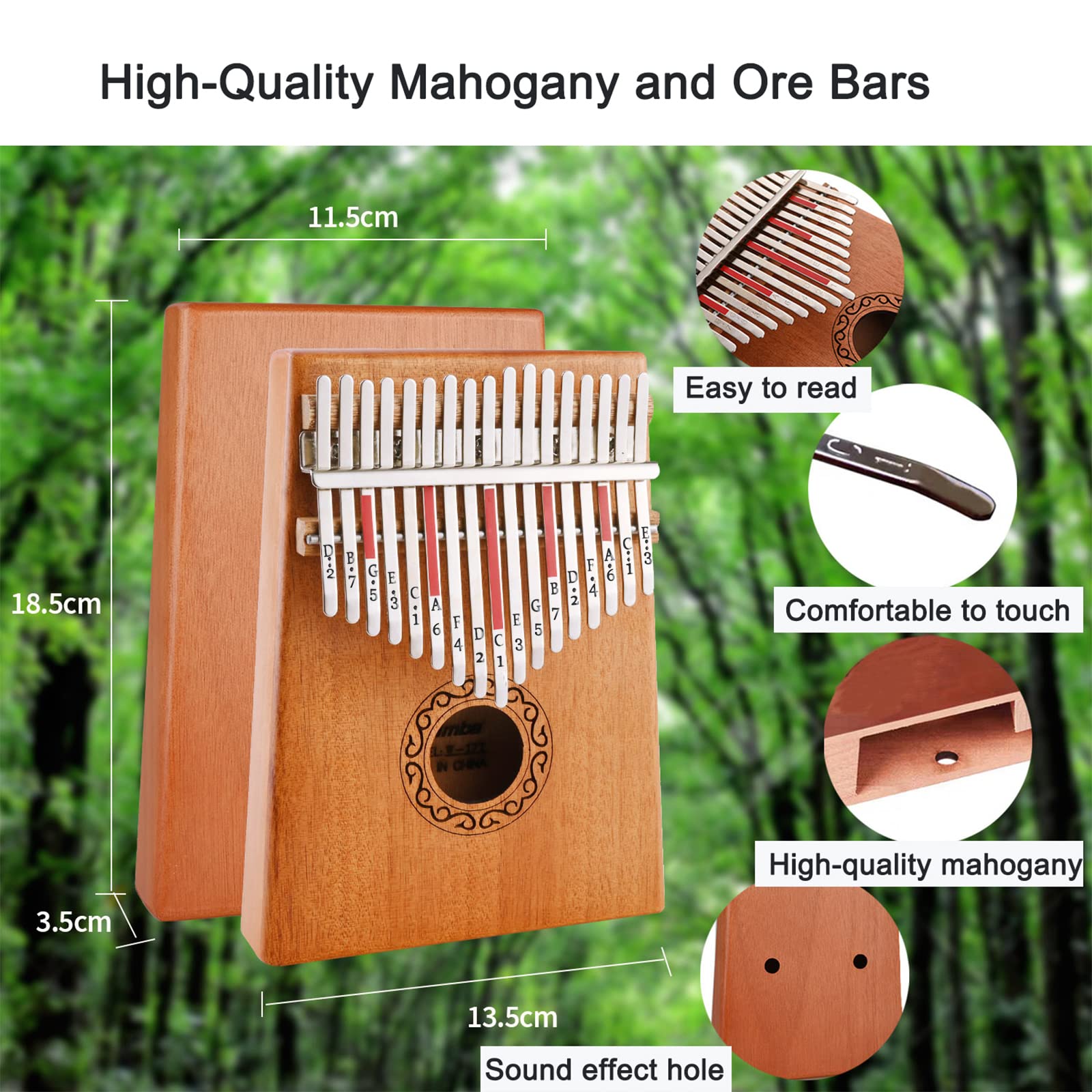 Nabance Kalimba 17 Clés Pouce Piano avec instructions d'étude, Tuning Hammer, Portable sac, bois Acajou, Haute Qualité pour Les enfants adultes débutants
