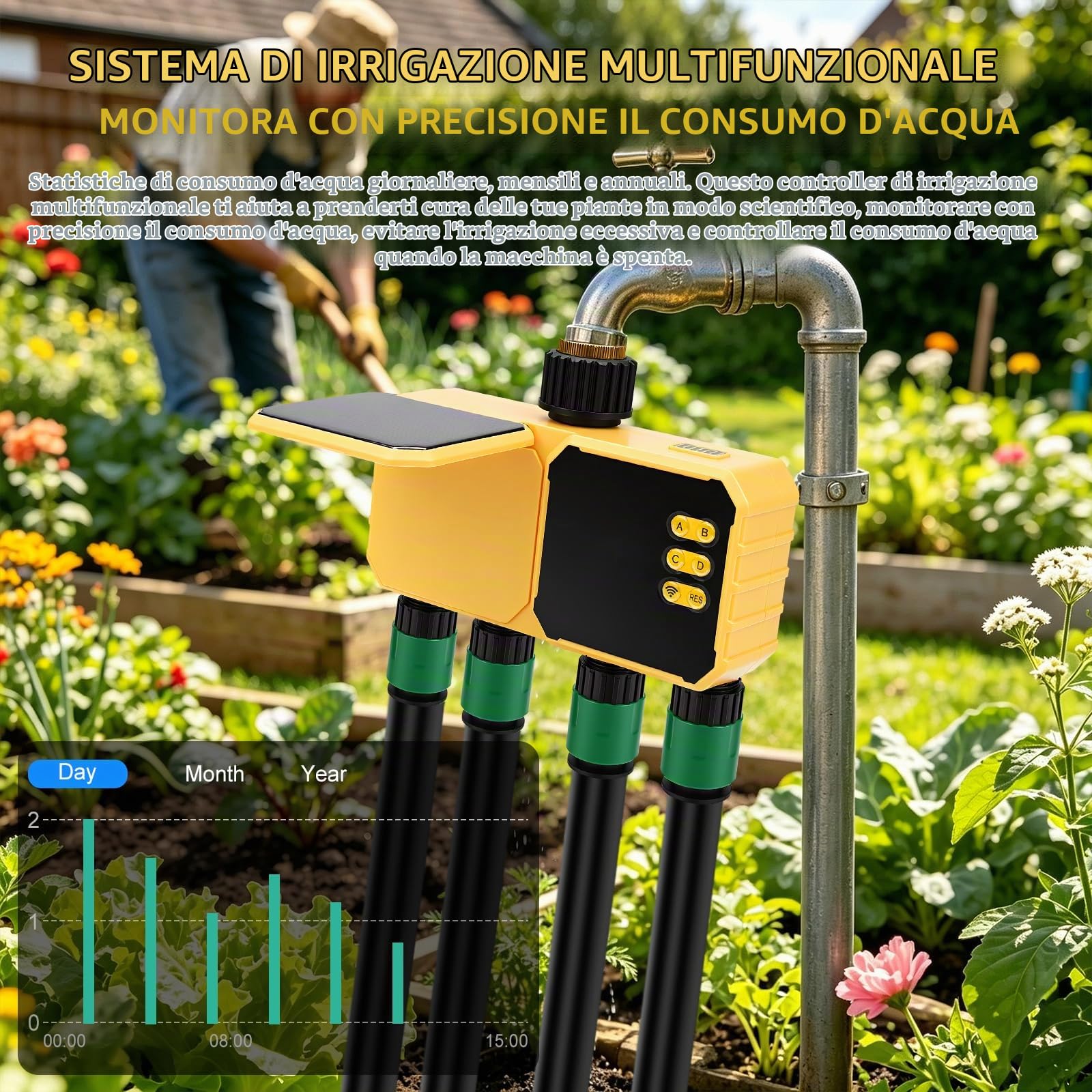 Nikou Centralina Irrigazione WiFi 4 Zone, Computer di Irrigazione a Energia Solare Timer l'irrigazione Automatico Smart Compatibile con APP, Alexa, Ritardo Pioggia, Temporizzatore per Giardino Prato