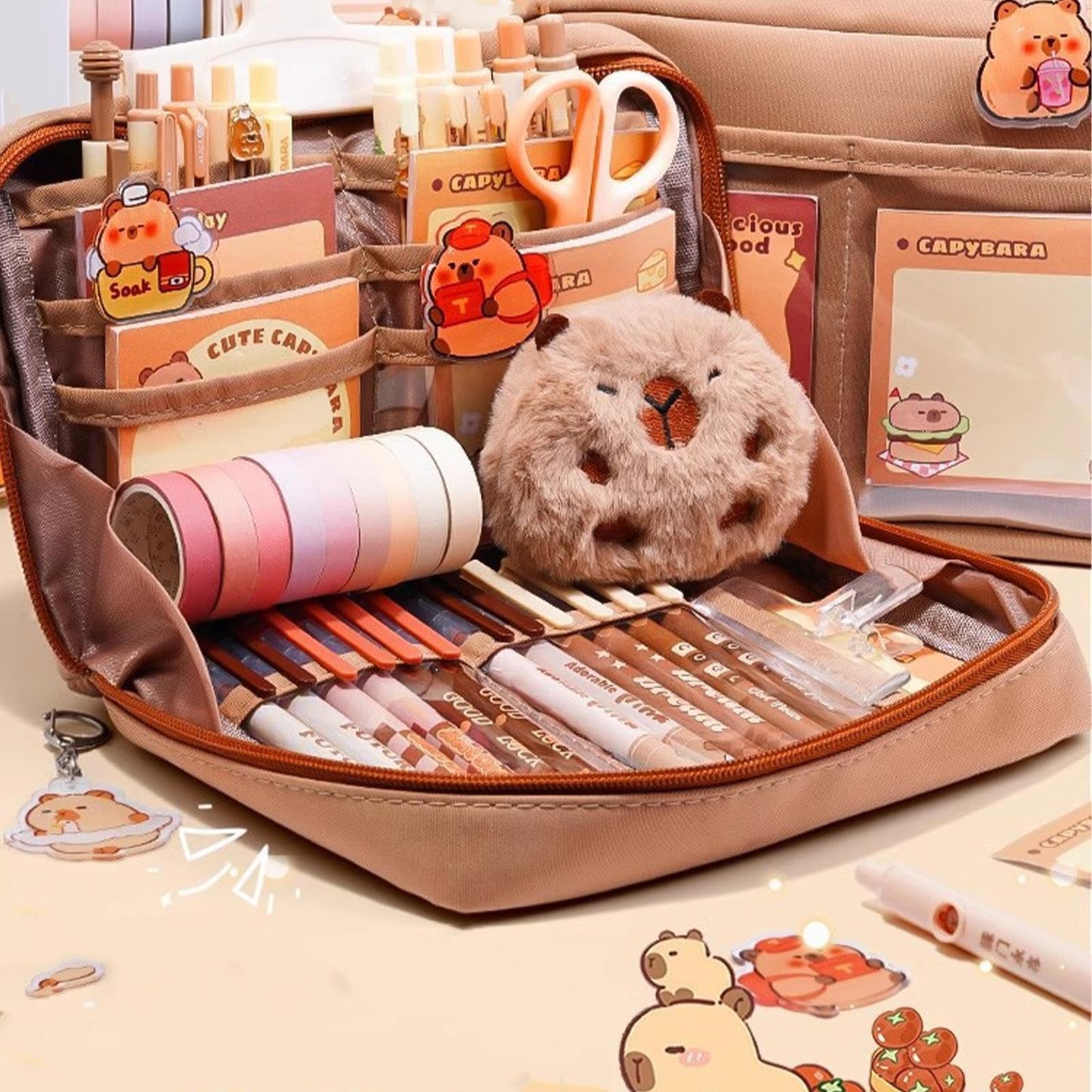 Simpatico set di cancelleria Capybara, organizer per penne per studenti, grazioso astuccio con penne, clip, righelli e altro, multi scomparti, organizer per matite con ampia apertura, per ufficio