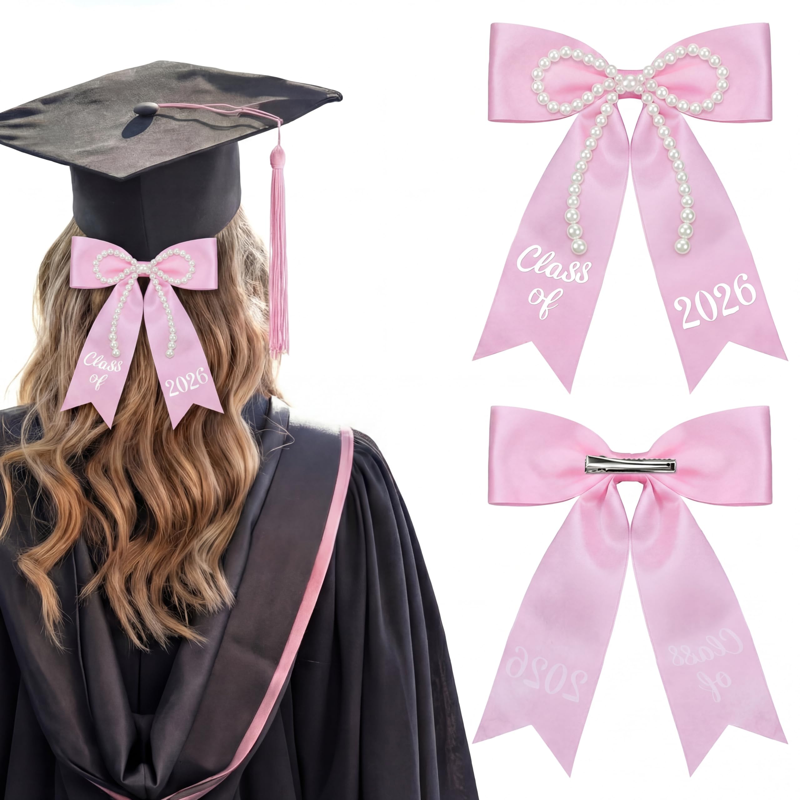 Zeyune Graduation White Bow Class of 2026 Graduation Cap Bow Class of 2026 Hair Accessories for Cap Decorations Personal Style Convenient Beautiful Elegance Charm Commemorative(Pink,Elegant)