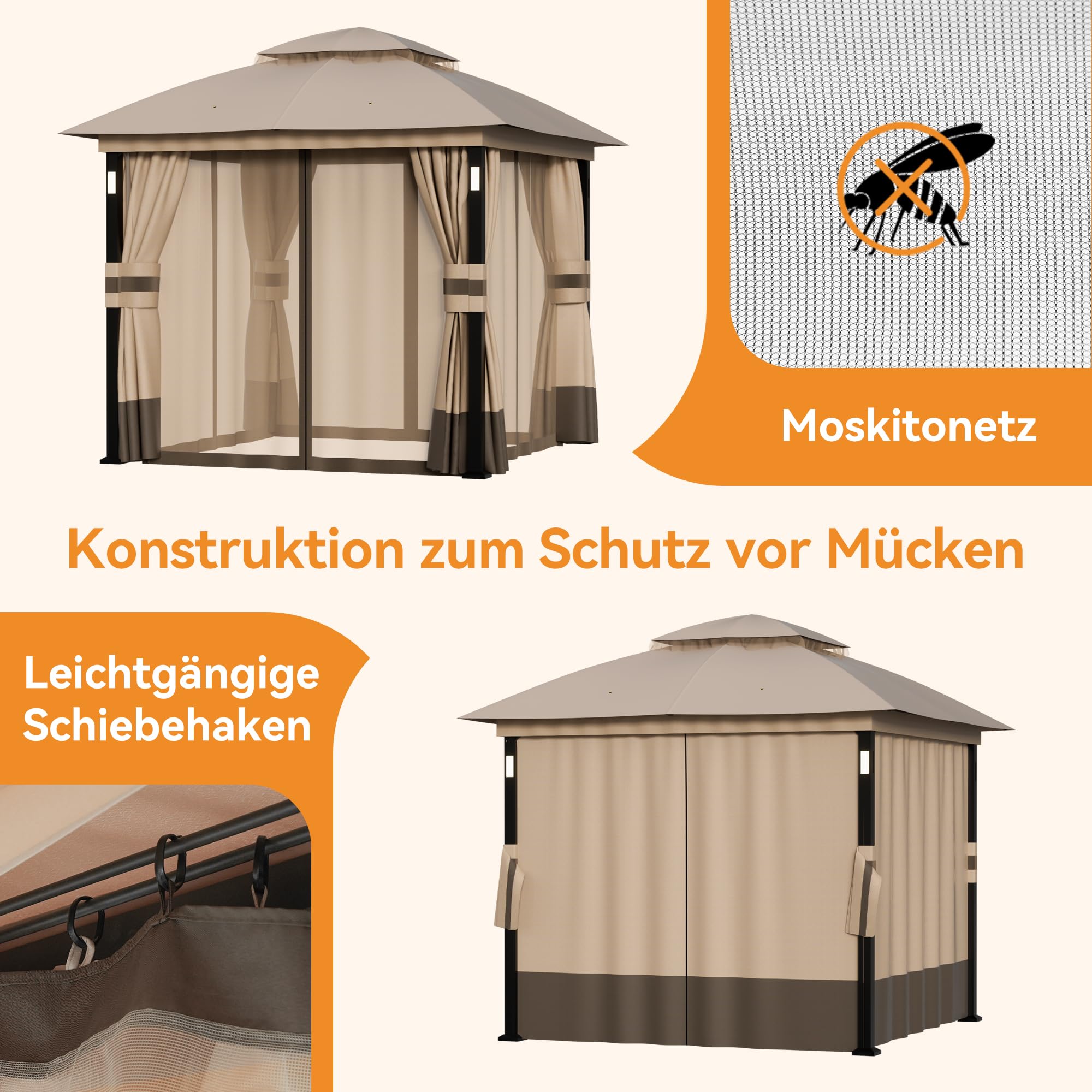 Modern Shade Gartenpavillon Doppeldach 2,4 x 2,4m mit LED-Beleuchtung & Bluetooth-Lautsprecher, Robuste Außenmarkise mit Metallrahmen, Pavillon mit Stoffdach, Netz und Vorhängen für Garten, Khaki
