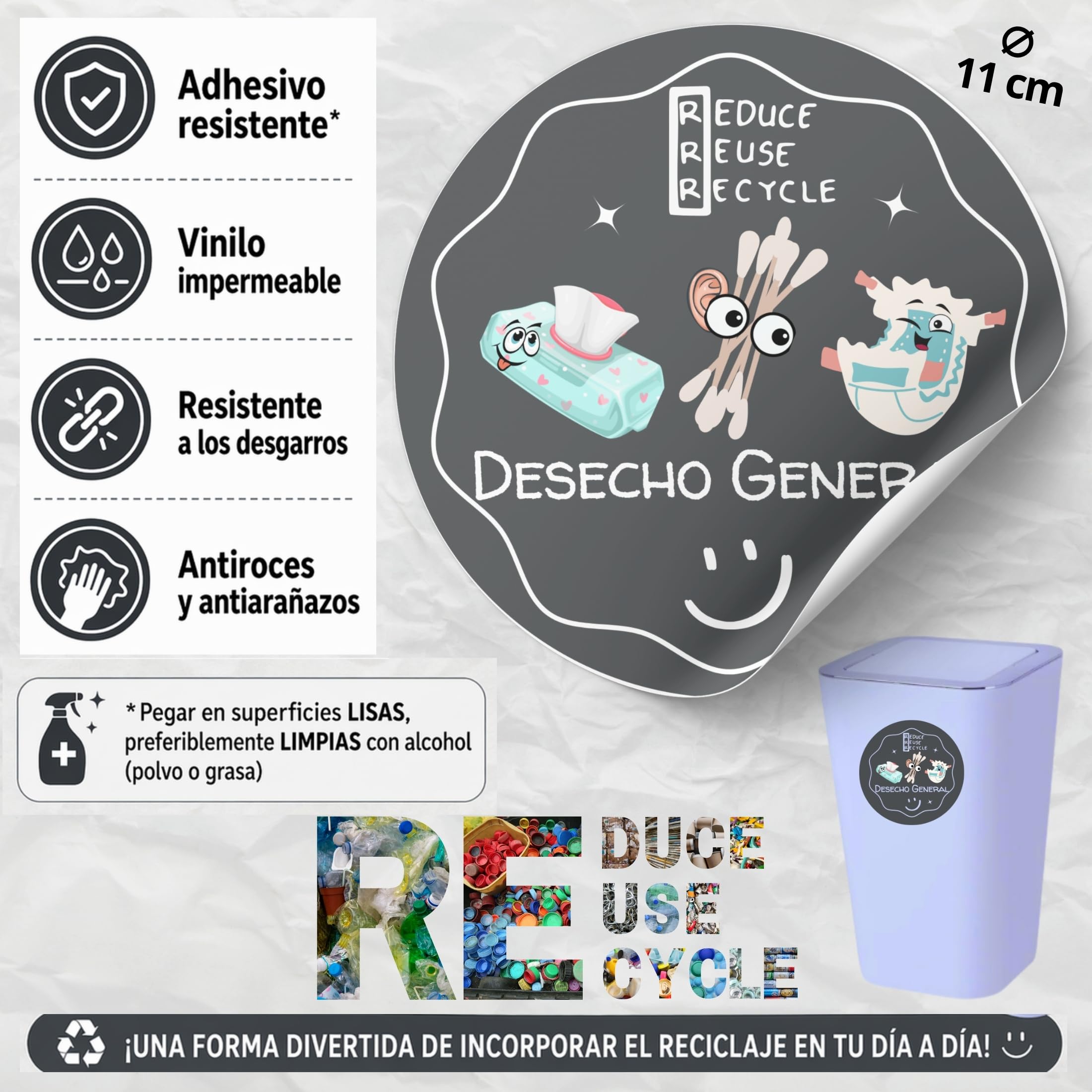 Pack 6 Pegatinas Reciclaje Basura ESPAÑOL Ø11 cm | Pegatinas Cubo Basura | Etiquetas Adhesivas reciclaje | Vinilo para reciclar en Cocina, Oficina, Colegios - Didacticas, Acabado brillo
