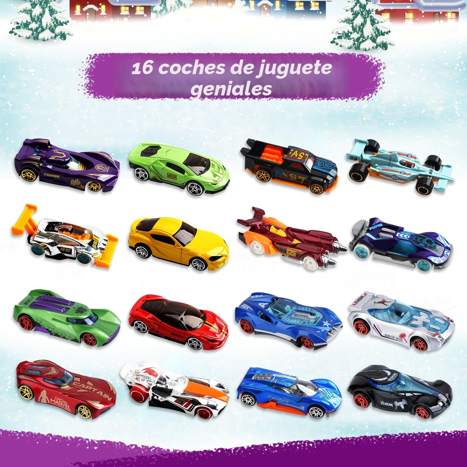 Calendario Adviento 2025, Christmas Advent Calendar con 16 Juguetes para Autos, Mapa y 6 Personajes de Dibujos Animados, Juguetes Calendario Adviento Niños, Ideal para Regalo Sorpresa de Navidad