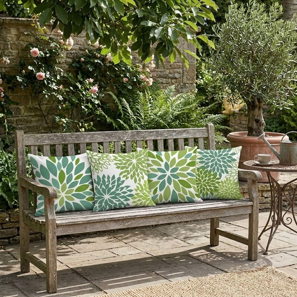 Hopomoon Set 4 Federe Cuscino Piante verdi, Lino bianco 45x45cm, Cerniera invisibile, Lavabile