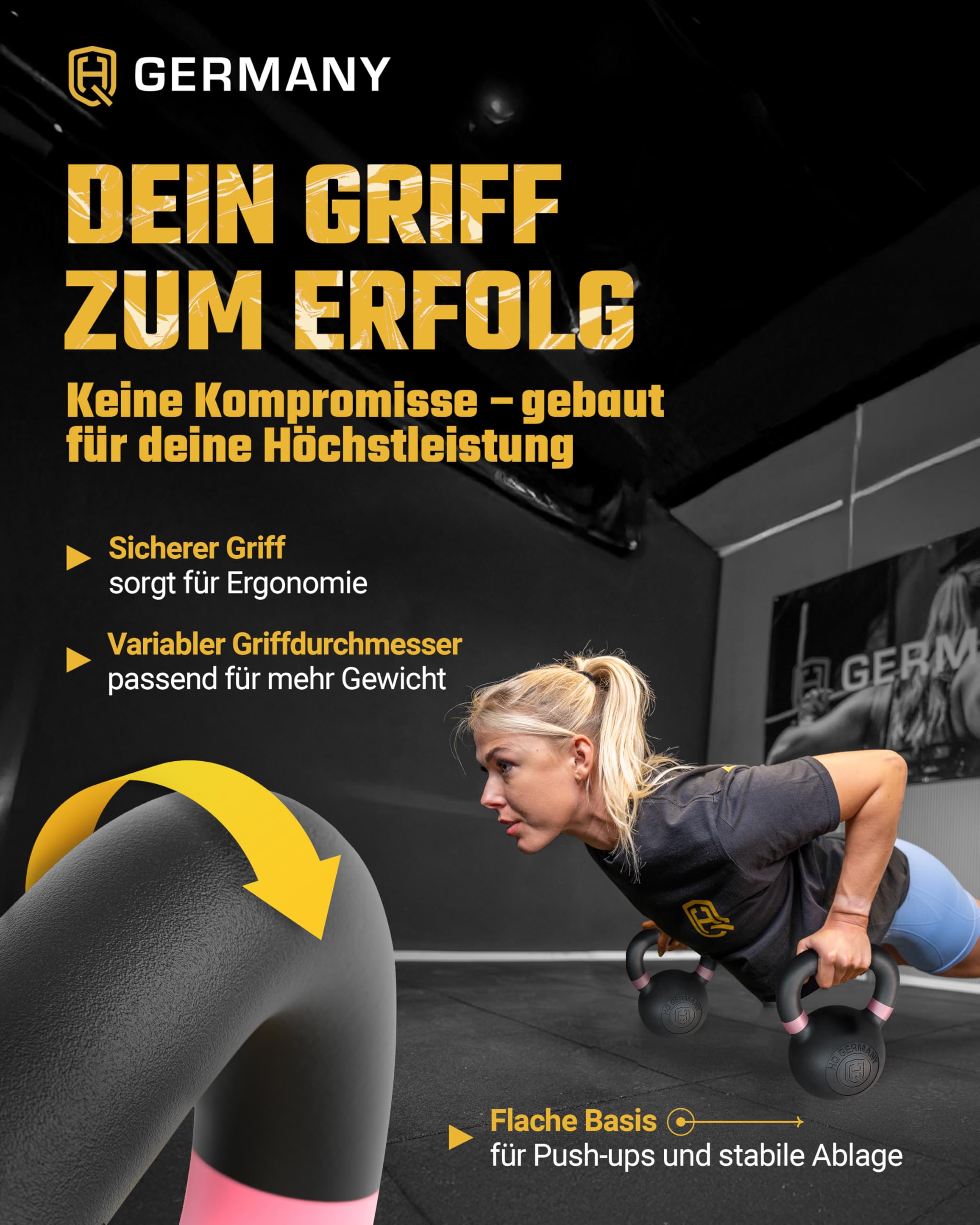 HQ Germany® Kettlebell Powdercoat [2-32kg/Sets] - Gusseisen Kettlebell Set mit ±2% Gewichtstoleranz - Kugelhantel Gewicht, Hantel Gewichte Set, Kettle Bell, Premium Kettlebells mit Pulverbeschichtung