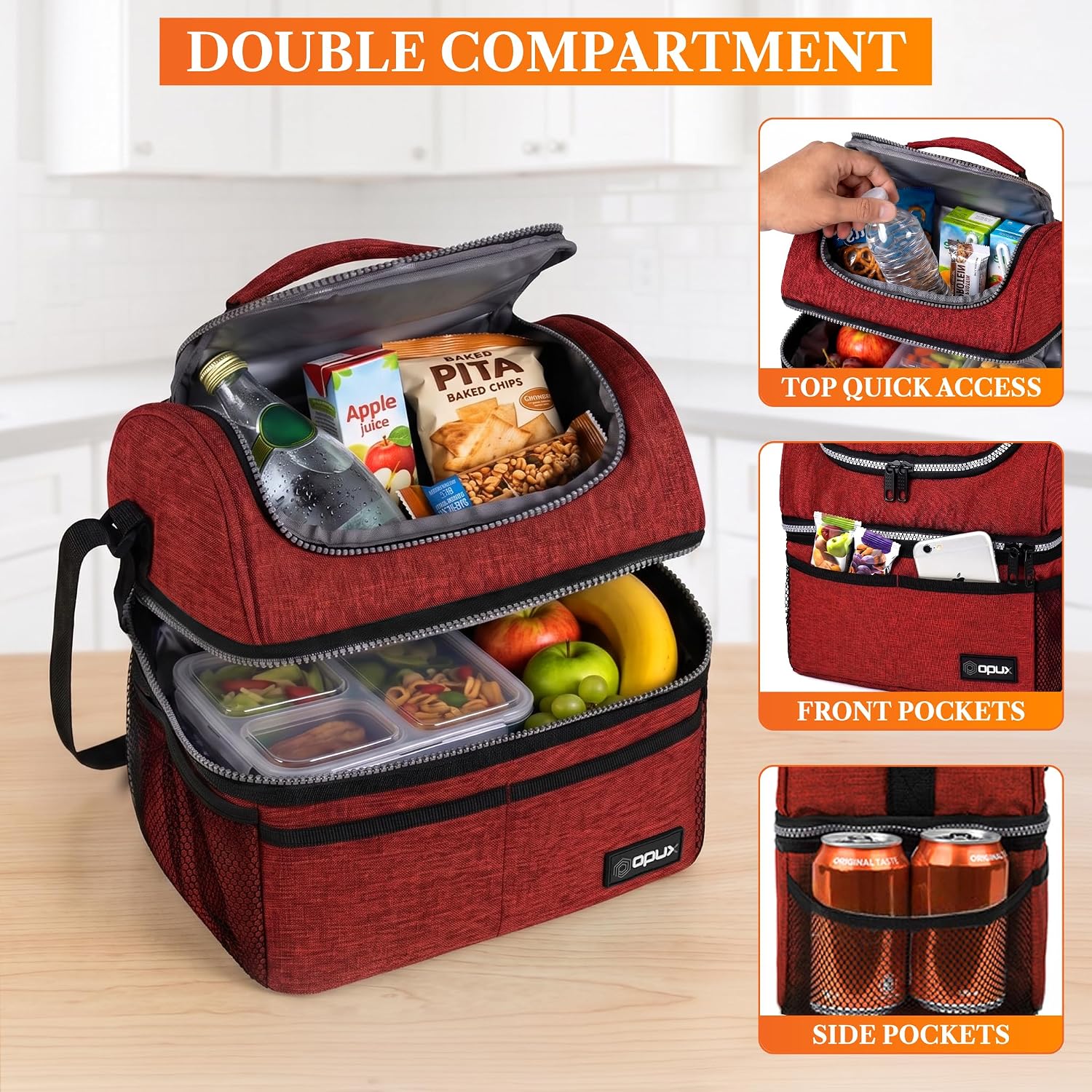 opux Insulated Lunch Bag for Men Women, Double Decker Leakproof, Red image 5