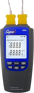 Supco EM60 Dual-Channel Differential Digital Thermocouple Thermometer with Probes, -200 to 1300 Degrees C, -328 to 2372 Degrees F, Accuracy of + or - 0.1% of reading + 0.7 Degree C