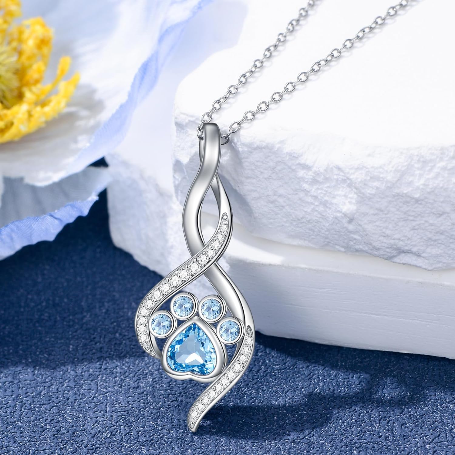 Natural Topaz Paw Print Necklace for Women 925 Sterling Silver Swiss Bule Topaz Dog or Cat Paw Print Pendant Necklace Dog Cat Charms Pendant Pet Animal Jewelry for Pet Lover
