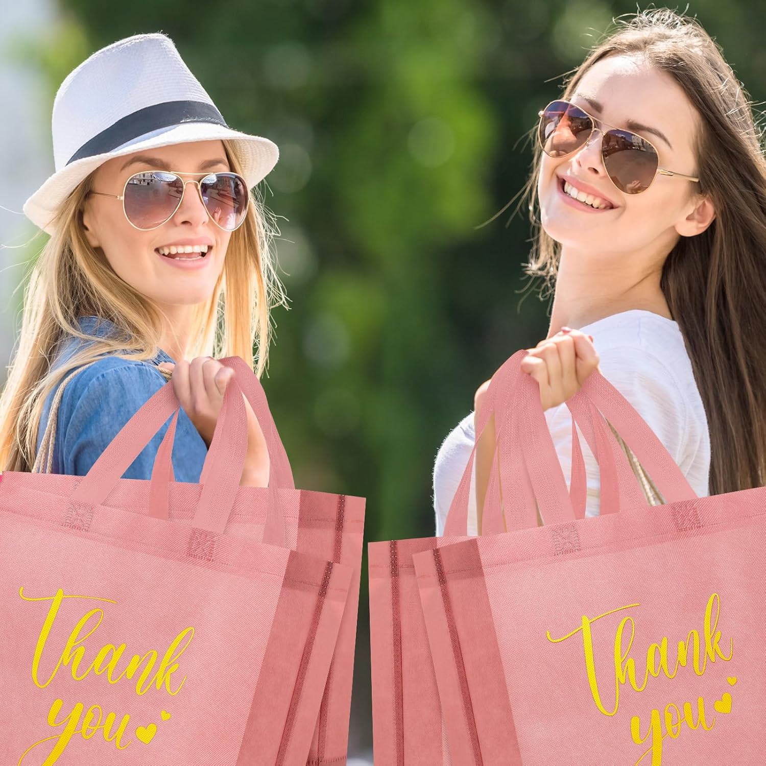 Sweetude 30 Pcs Thank You Gift Bags with Handles, Reusable Non Woven Foldable Goodie Bags Bulk for Graduation Easter Wedding Bridesmaid Favors(11 x 12 x 5 Inch,Leather Pink)