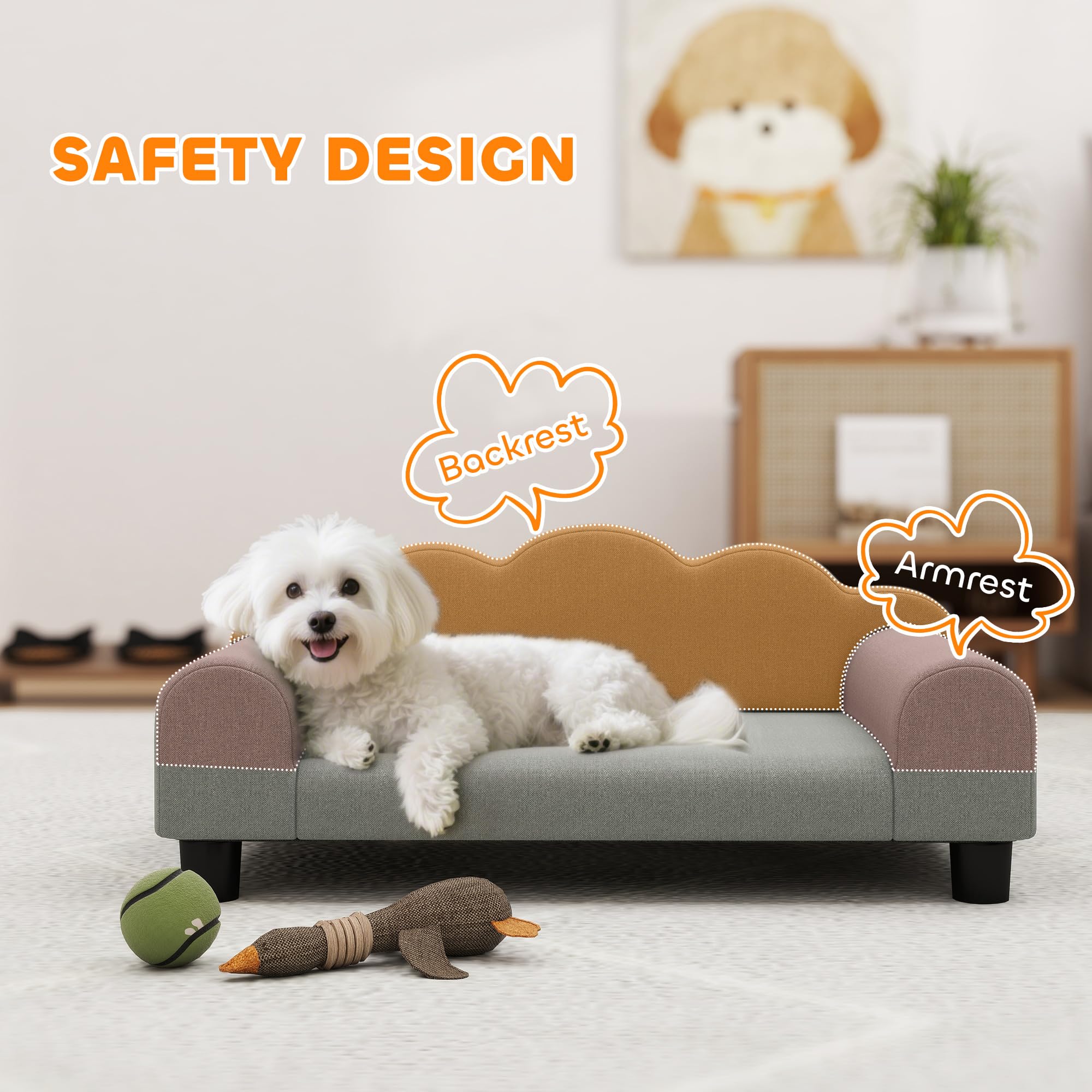 PawHut Canapé pour Petit Chien avec accoudoirs, Bois et Tissu éponge, 66x42x28.5 cm, Gris