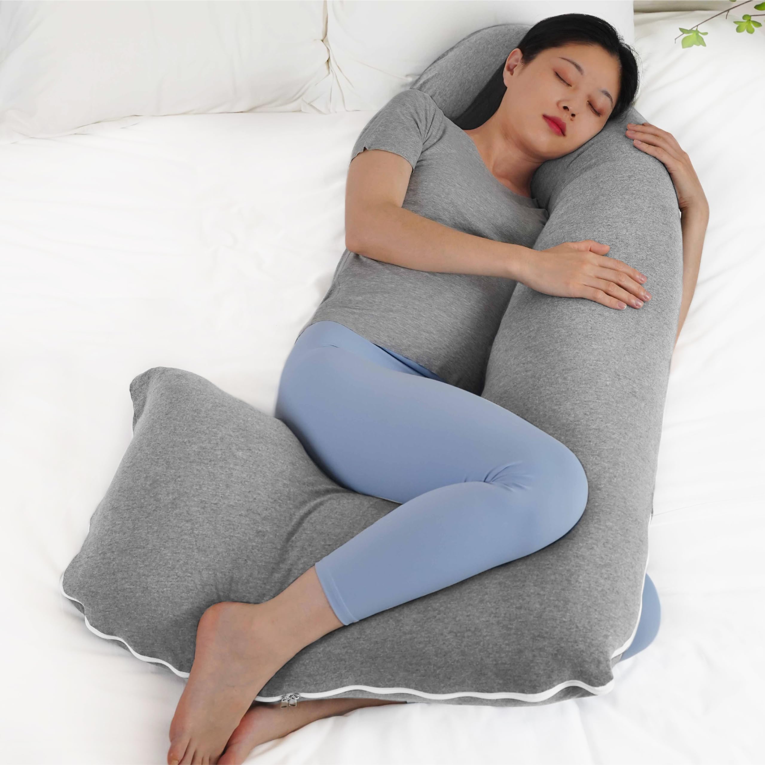 The Moon Brand Organic JShaped Maternity Pillow with Detachable Back Support - Sleeping Support- LumpFree Filling - Full Body, Back, Hips, Legs, Belly - Washable Cover -–140x70cm- Light Grey
