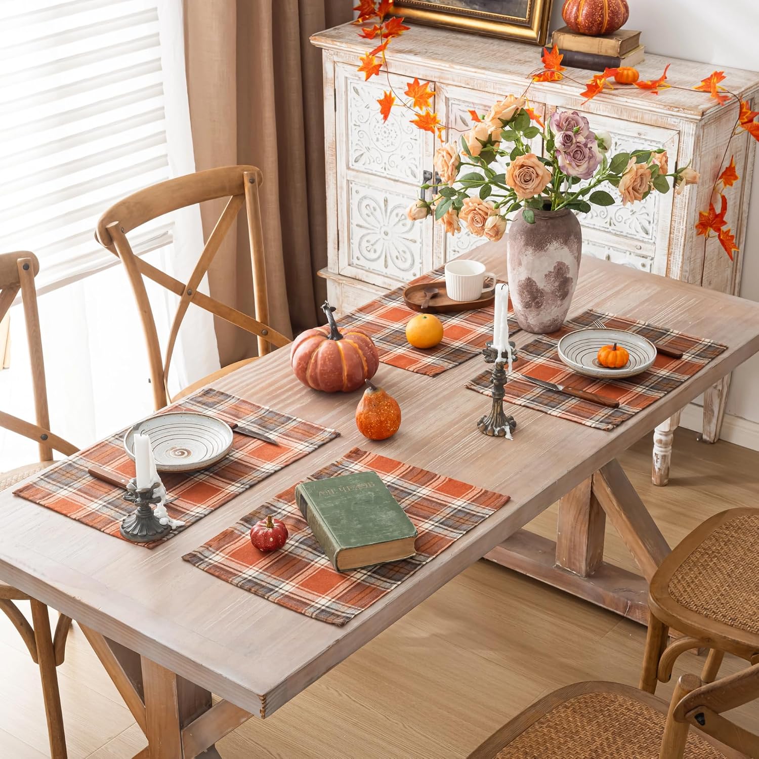 AQOTHES Fall Plaid Placemats Set of 4, Orange Checkered Table Mats 12×18
