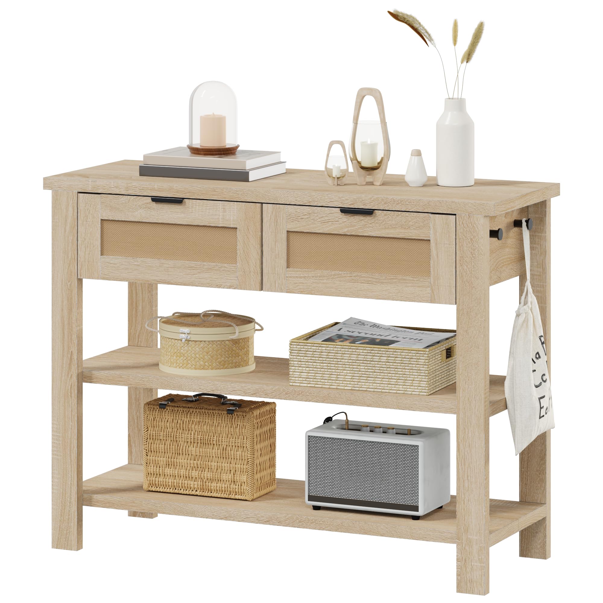 MELLCOM Console Table with 2 Drawers - Stylish 39.3in Boho Rattan Entryway Table with Storage, Narrow Rattan Hallway Tables for Living Room, Bedroom &