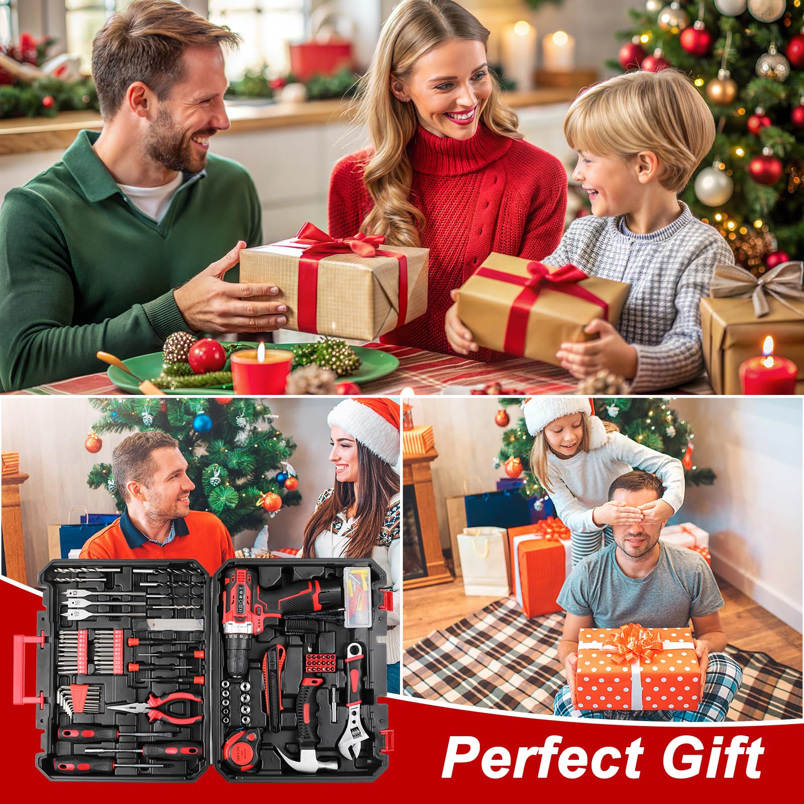 Cassetta Attrezzi con Trapano Avvitatore Batteria 12V, Valigia Utensili | Completa 138 pezzi Set di attrezzi, Set Completo di Punte Trapano a Percussione Per Casa Progetto, Fai da te (rosso)