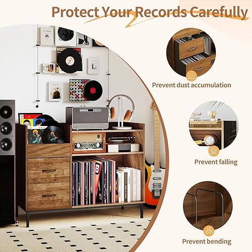 Miniatura 4 de Soporte para tocadiscos con almacenamiento de vinilo y cajones, más de 500 gabinetes de almacenamiento de discos de vinilo con patas de metal