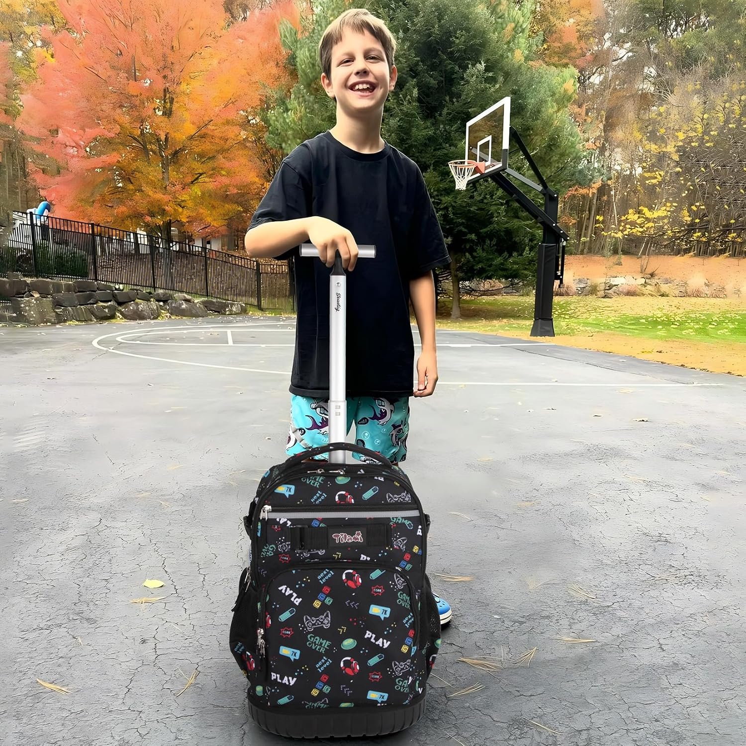 Tilami Rolling Backpack for Kids 18 Inch Wheeled Bookbag for Boys & Girls for School & Travel,Music image 2