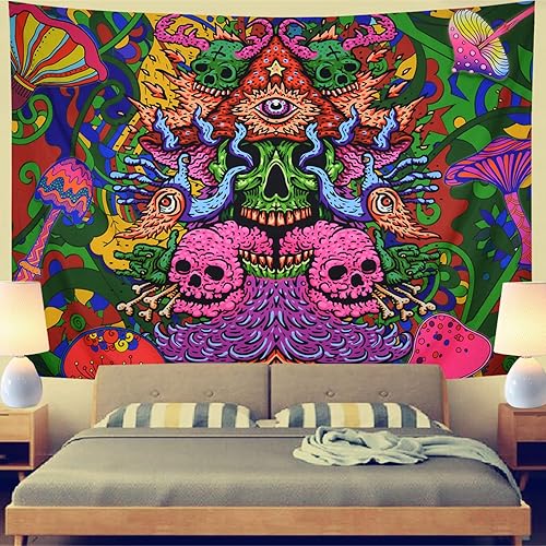 Miniatura 2 de Leofanger Tapiz de calavera de fantasía, tapiz estético, tapices coloridos bohemios, hippie, arte de pared de esqueleto para dormitorio, sala de
