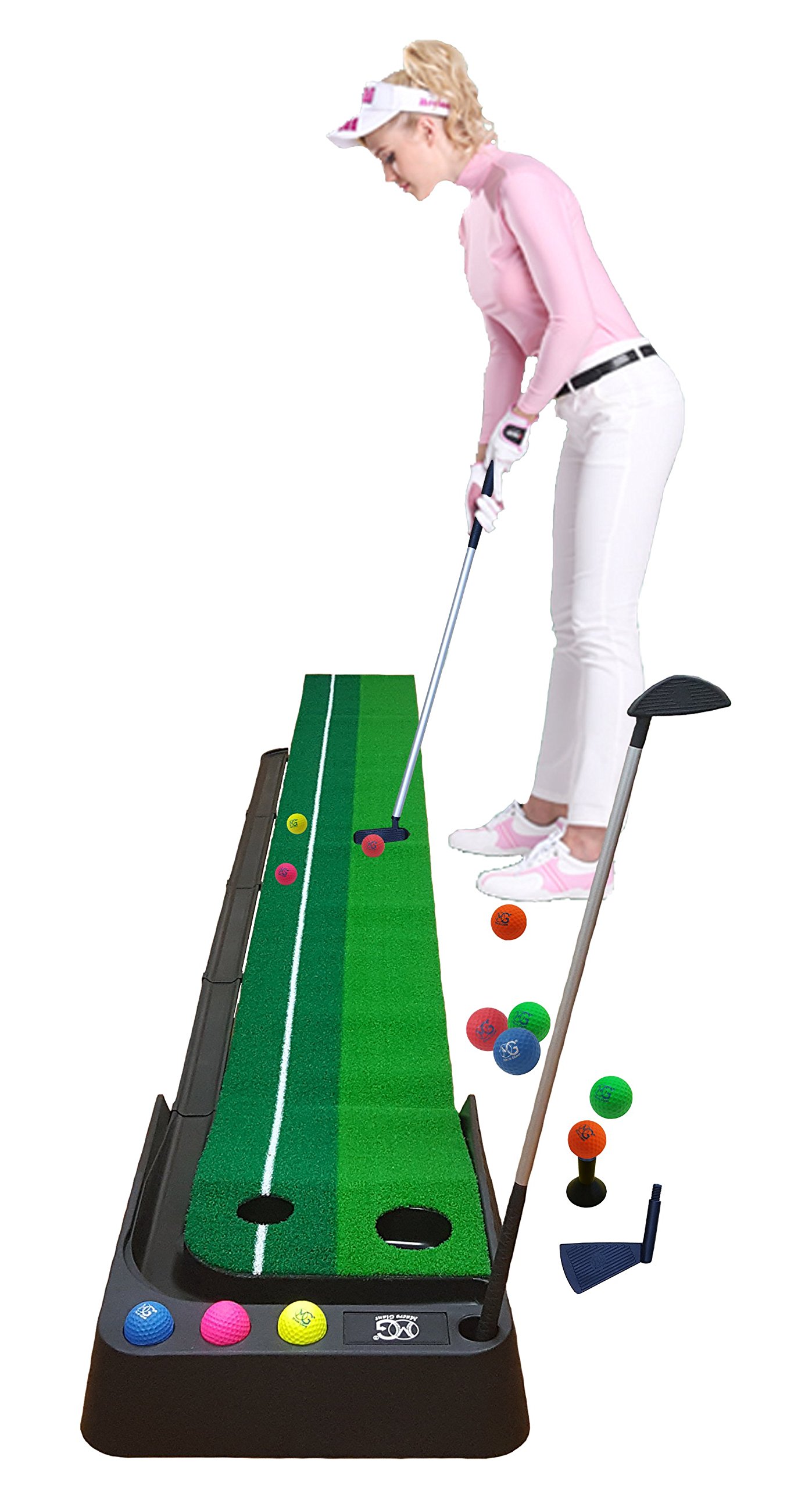 Macro Giant Golf Putting Mat Set, 12 Colorful PU Foam Balls, 3 Meter (118.11 inch) Mat, 2 Practice Clubs, 3 Heads, 1 Tee, Automatic Ball Return Feature