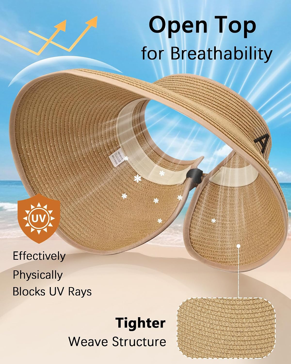 Beach Straw Sun Hat for Women, Wide Brim UV Protection Visors Hat with Ponytail Opening, Foldable Summer Travel Hat