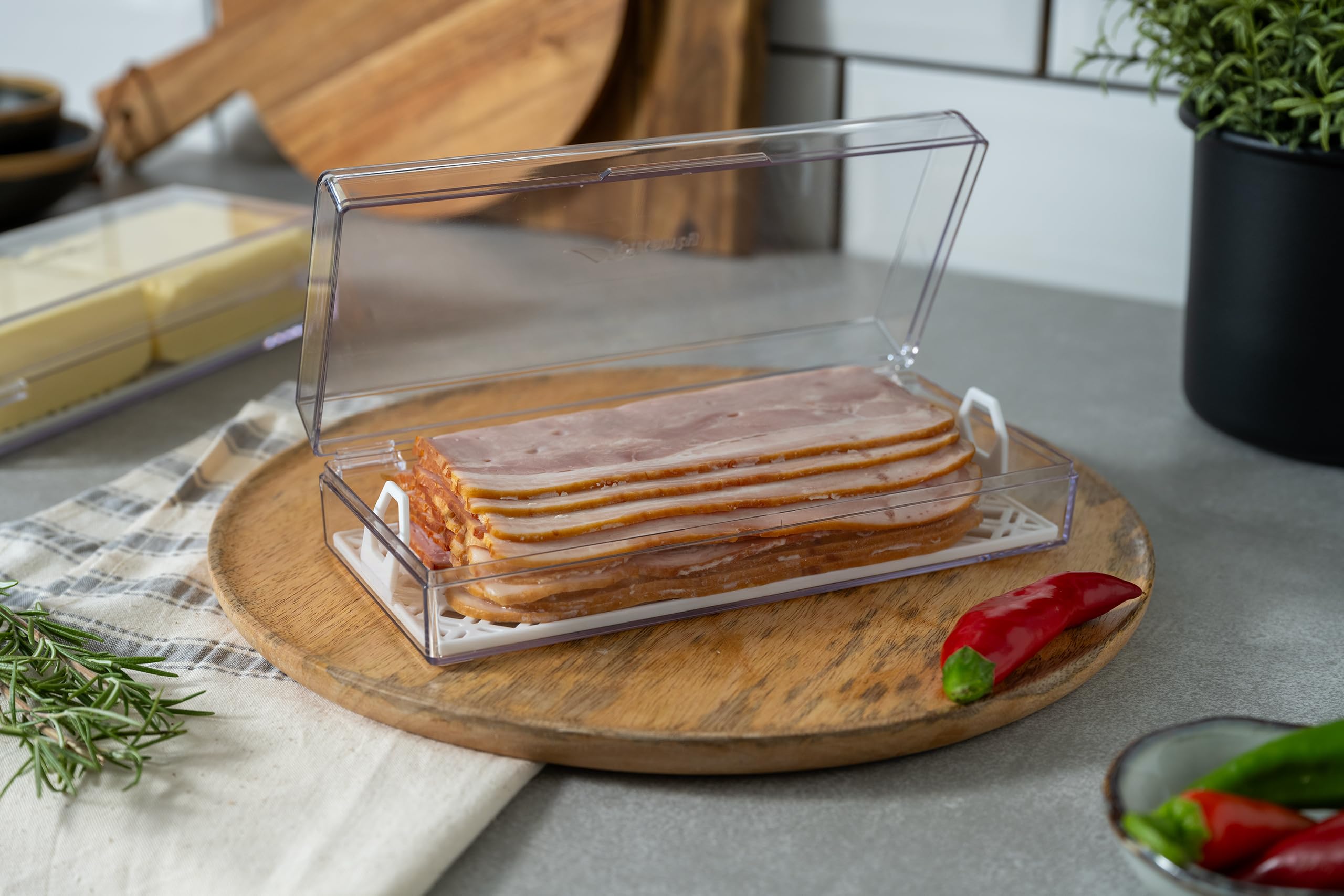 Pikanty Contenedor de carne Deli para refrigerador con bandeja extraíble, hermético para embutidos, queso en rodajas, jamón, pavo, salami y pepperoni, tapa con bisagras, apto para lavavajillas