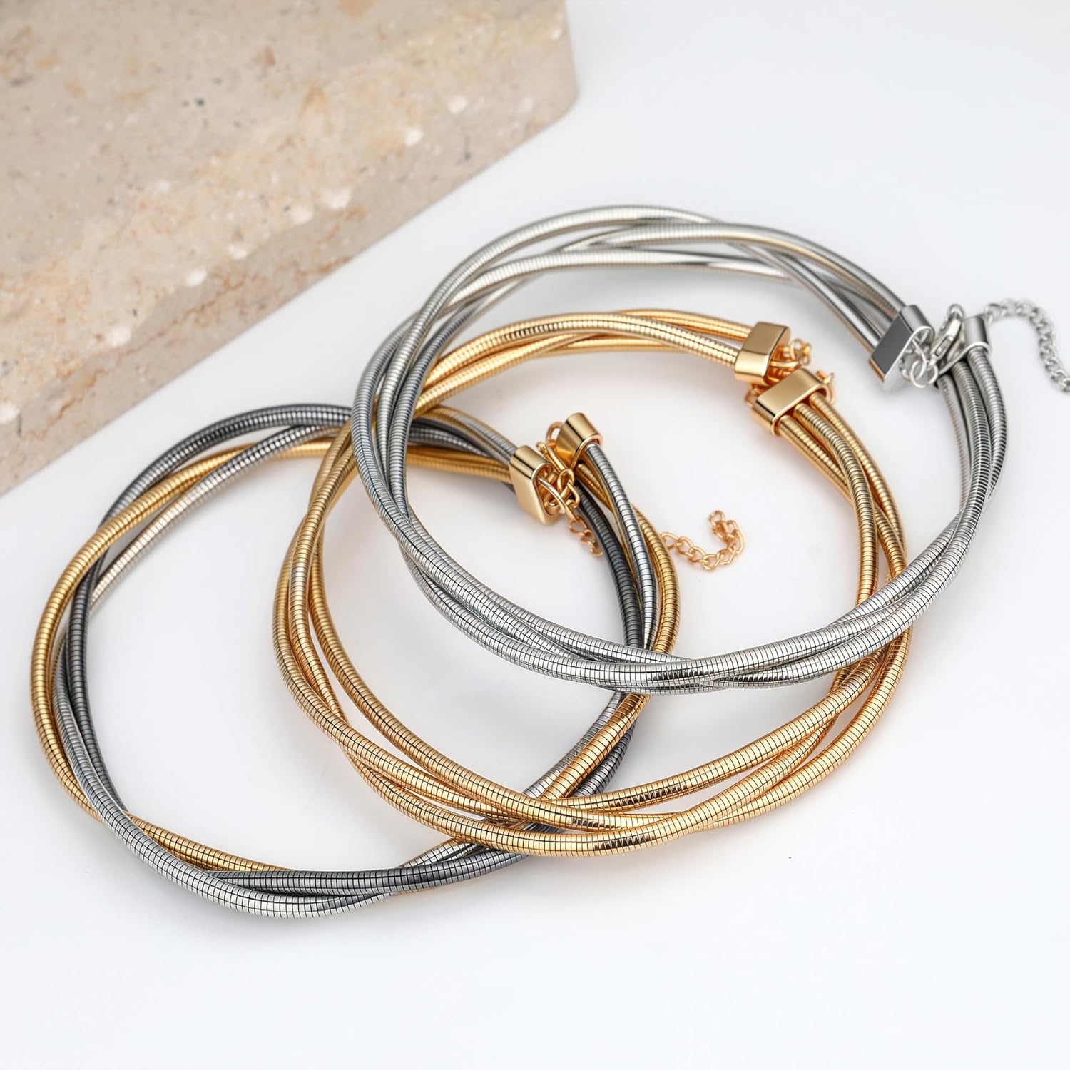 Chunky Gold Layered Choker Necklace for Women, Trendy Gold Plated Multilayer Twisted Thin Snake Chain Layering Collar Statement Necklaces Simple Jewelry Gifts - Image 6