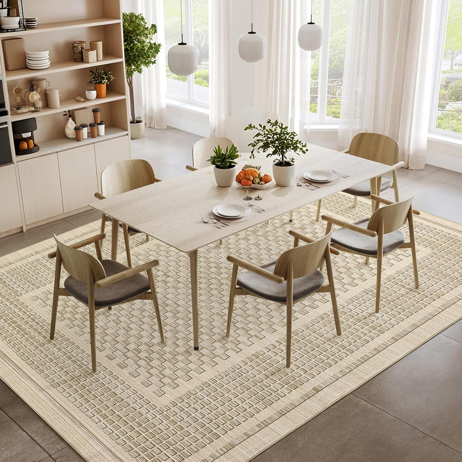 Garvee Washable Rugs 10x13 Area Rugs for Living Room Non Slip Non Shedding Modern Checkered Print Accent Rug Stain Resistant Low Pile Plaid Floor Cover Carpet for Dining Room, Nursery, Beige