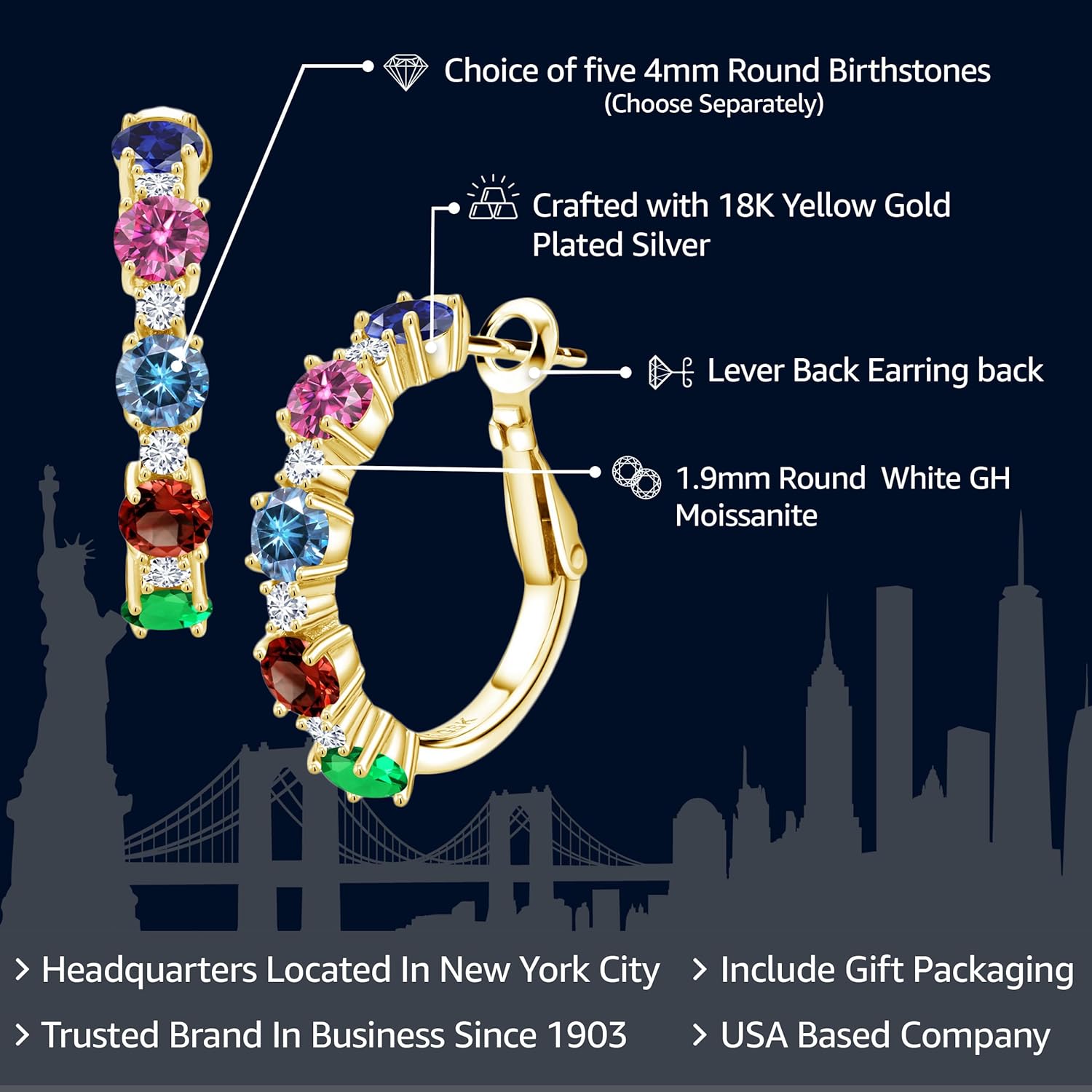Gem Stone King Customized and Personalized Hoop Earrings For Women | 18K Yellow Gold Plated Silver | 4MM Round Gemstone Birthstone and 2MM Round White Moissanite Gold Earrings