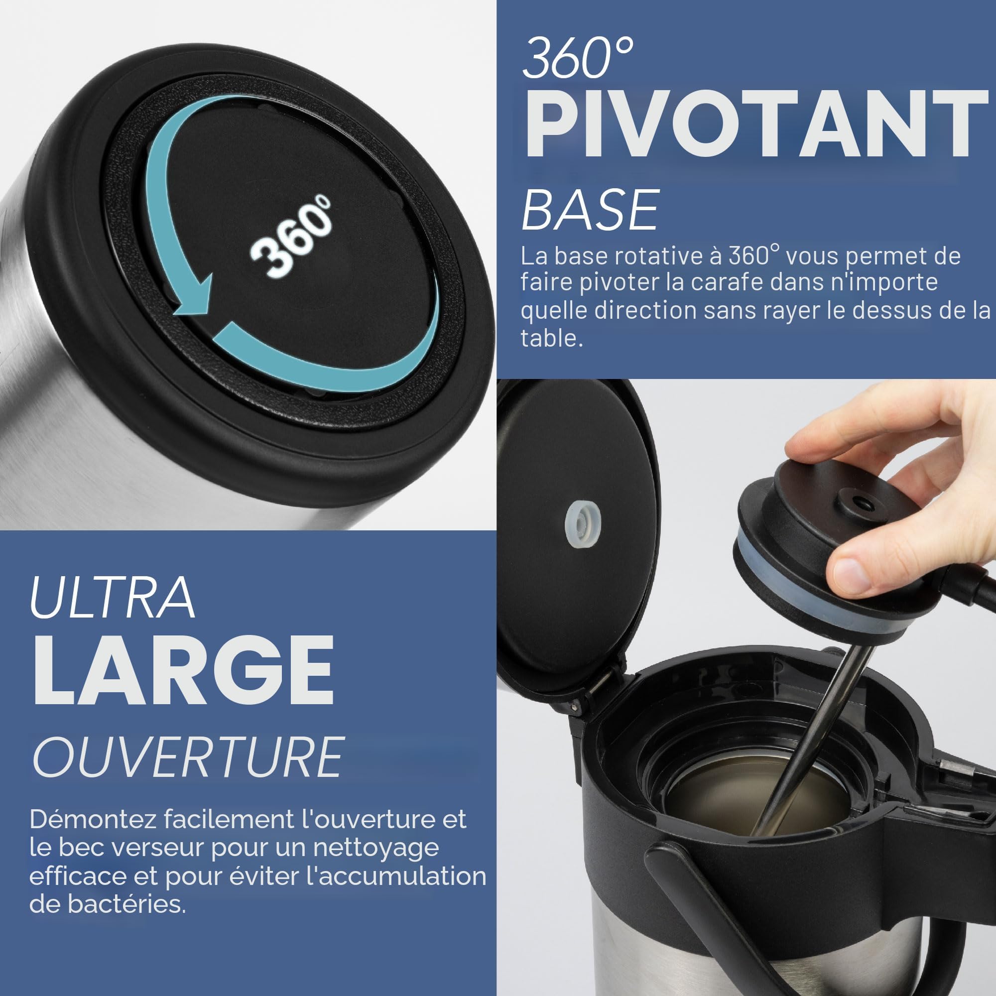 HEFTMAN Carafe à café isotherme - Airpot en acier inoxydable de 3L avec action pompe, isolation à double paroi, carafe à café et thé étanche avec base rotative à 360°, poignée de transport, verrou de