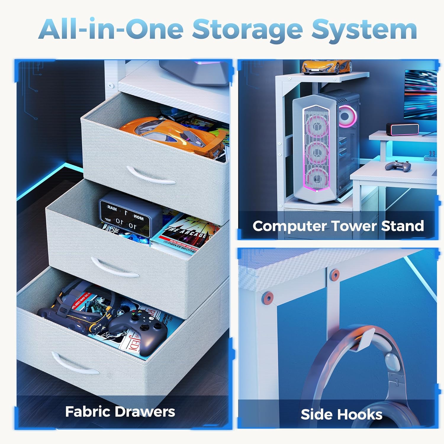 DUMOS L Shaped Gaming Desk with Shelves Storage Drawers 52'', White Computer Desks with LED Lights Power Outlets, Office Wood Table with PC Stand Cable Management for Bedroom Dual Monitor Streaming