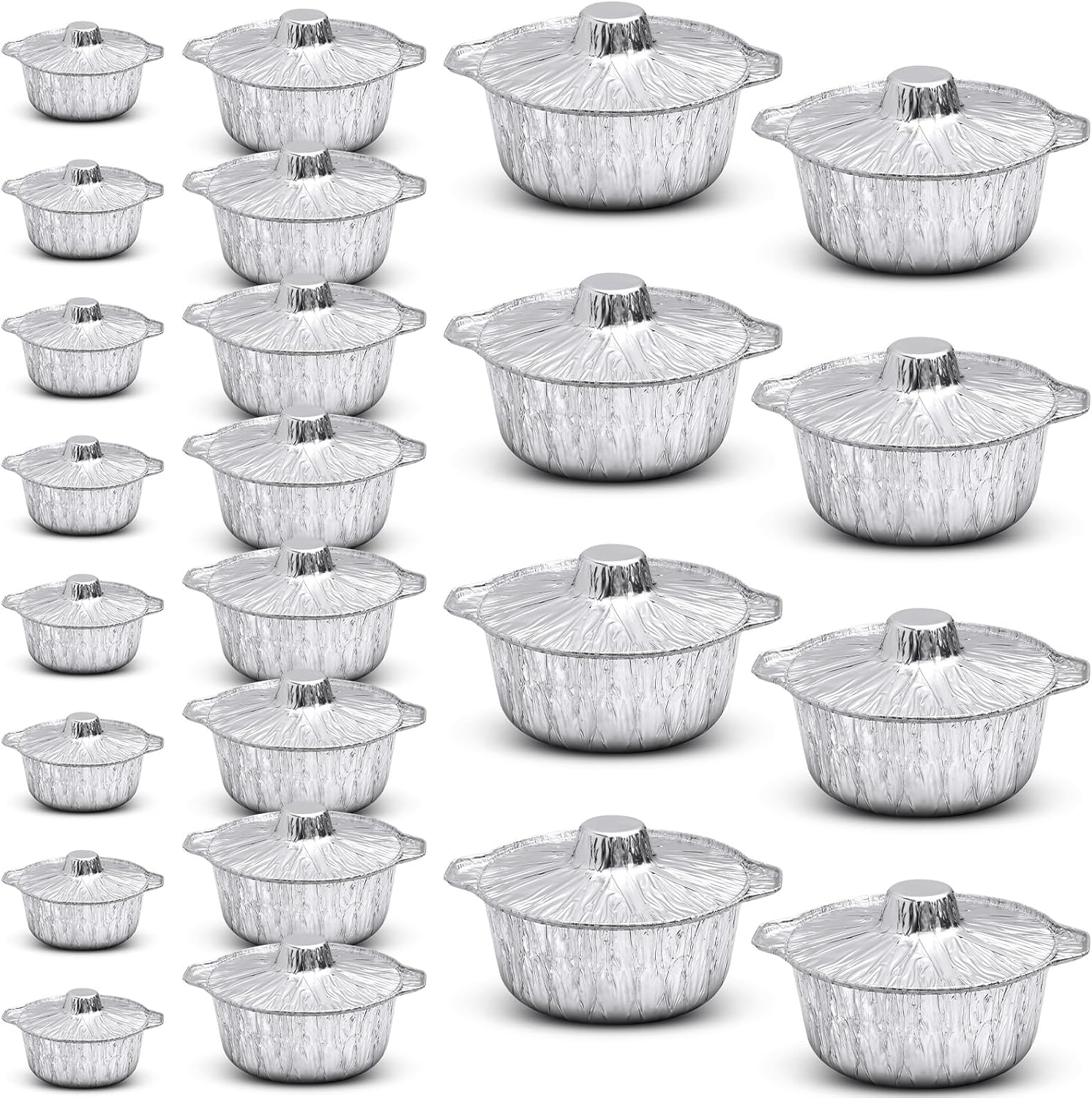 24 Pcs Disposable Aluminum Pot with Lid Round Foil Pans Disposable Cookware Food Container for Vacation Trips Camping Baking Heating Cooking (33.8,67.6,121.7 oz)