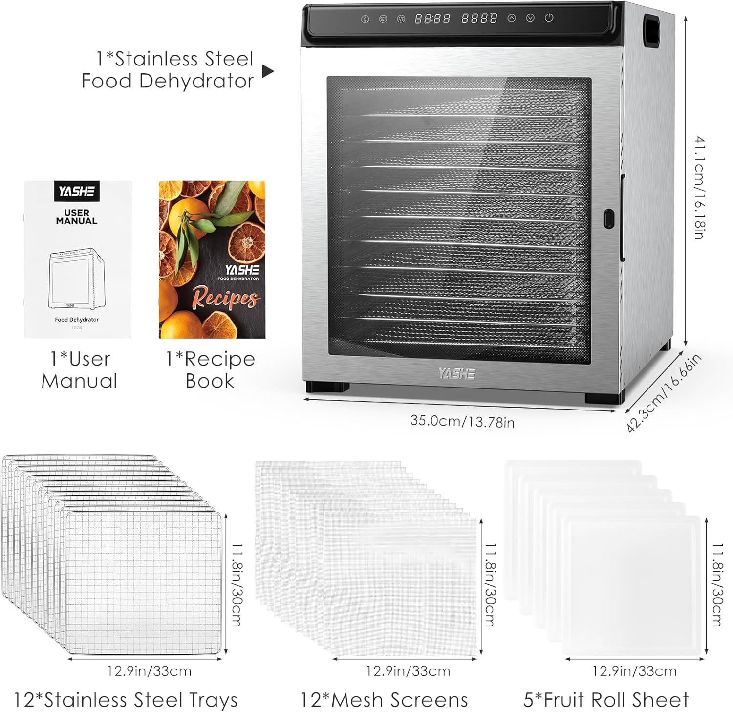 YASHE Food Dehydrator Machine, 12 Stainless Steel Food Dryer, 1300W Dehydrators for Food and Jerky, Herbs, Meat, Fruit, Dog Treats, 72H Timer and Temperature Control, Recipes Book Included