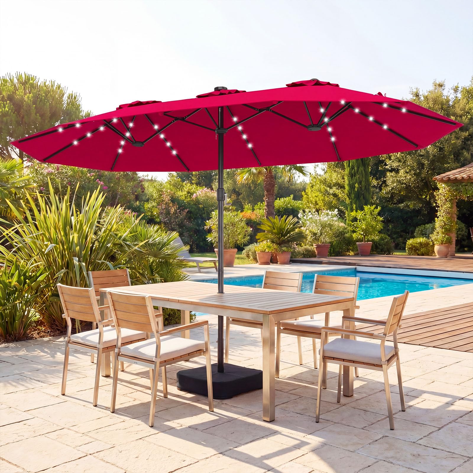 COSTWAY Podwójny parasol przeciwsłoneczny ze stojakiem i oświetleniem solarnym LED, 450 x 260 cm, Podstawa parasola nie jest dołączona, parasol ogrodowy z korbą, parasol tarasowy, do ogrodu (czerwony)