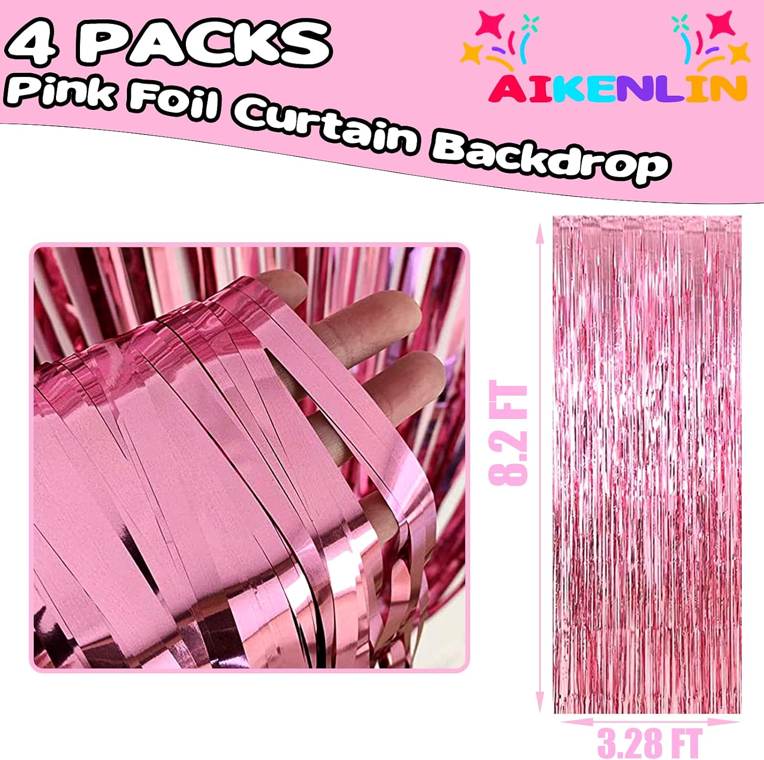 4 Pack 3.2Ft x 8.2Ft Pink Foil Fringe Curtain Backdrop, Metallic Tinsel Foil Fringe Streamers Curtains Background for Photo Booth, Birthday, Wedding, Halloween, Christmas Party Decoration image 2