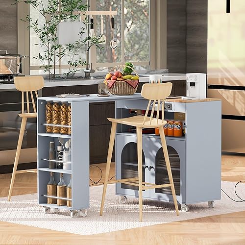LUMISOL Rolling Kitchen Cart with Extended Table, Kitchen Island on Wheels with LED Lights and Power Outlets, Side Table with Storage Cabinet and 3 Open Shelves, for Dining Room, Grey